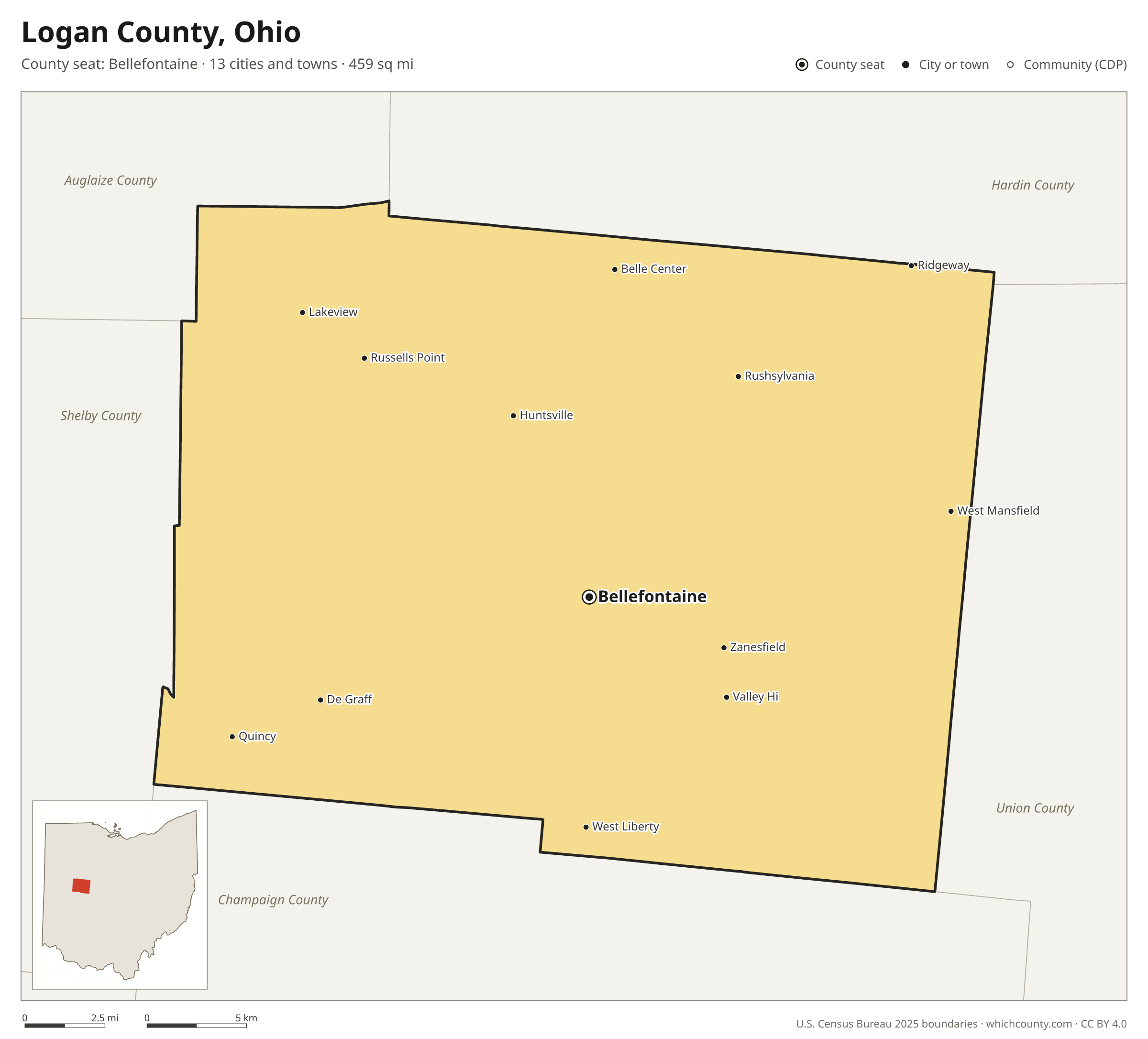 Map of Logan County, Ohio with cities, towns and the county boundary