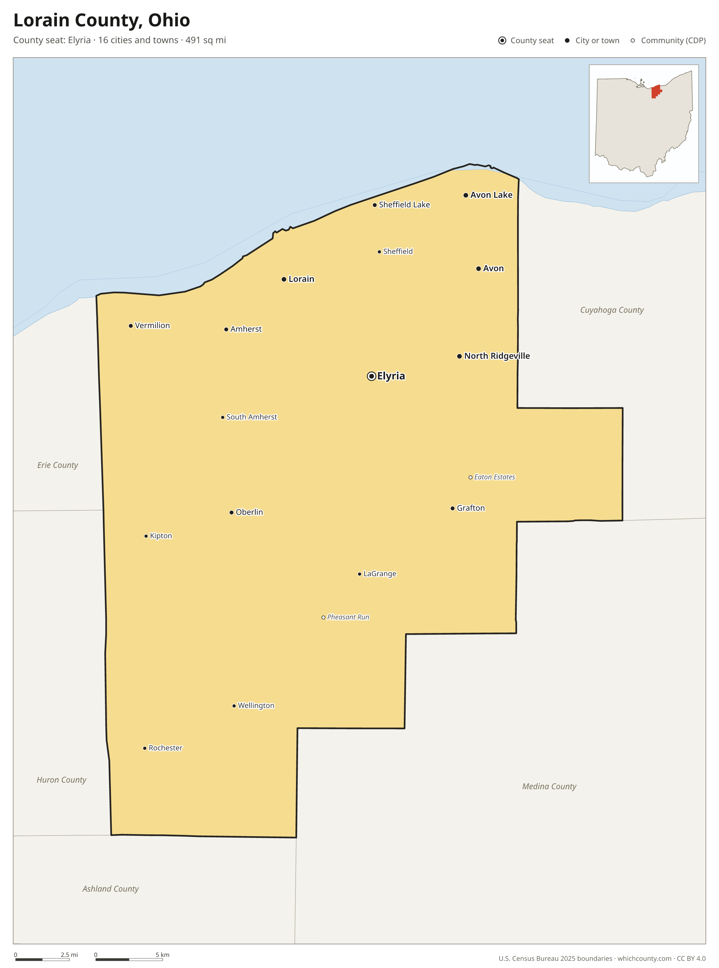 Map of Lorain County, Ohio with cities, towns and the county boundary