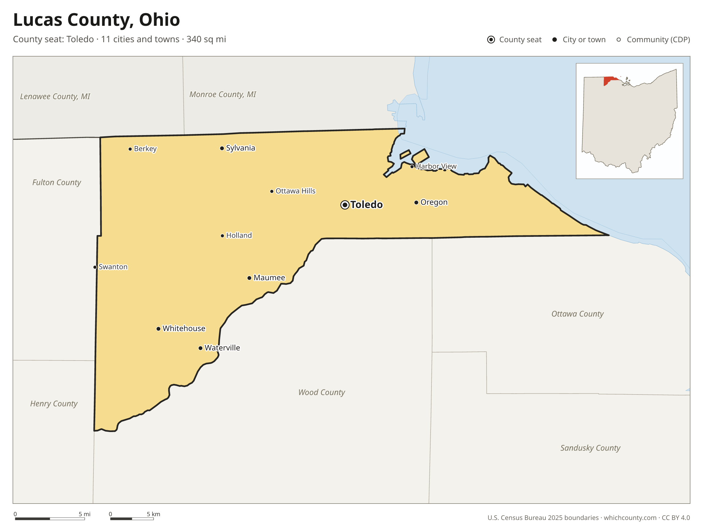 Map of Lucas County, Ohio with cities, towns and the county boundary