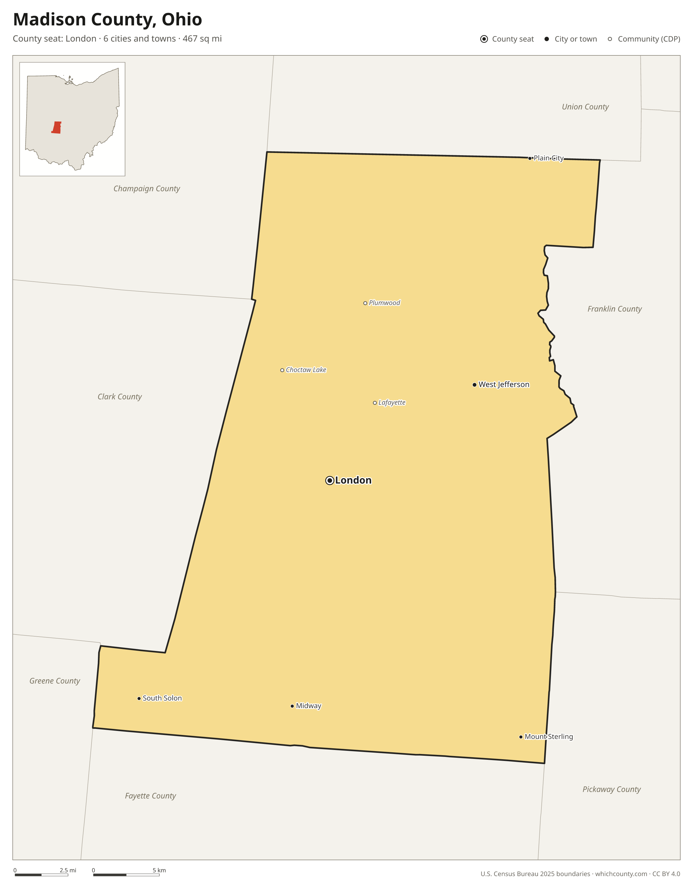 Map of Madison County, Ohio with cities, towns and the county boundary