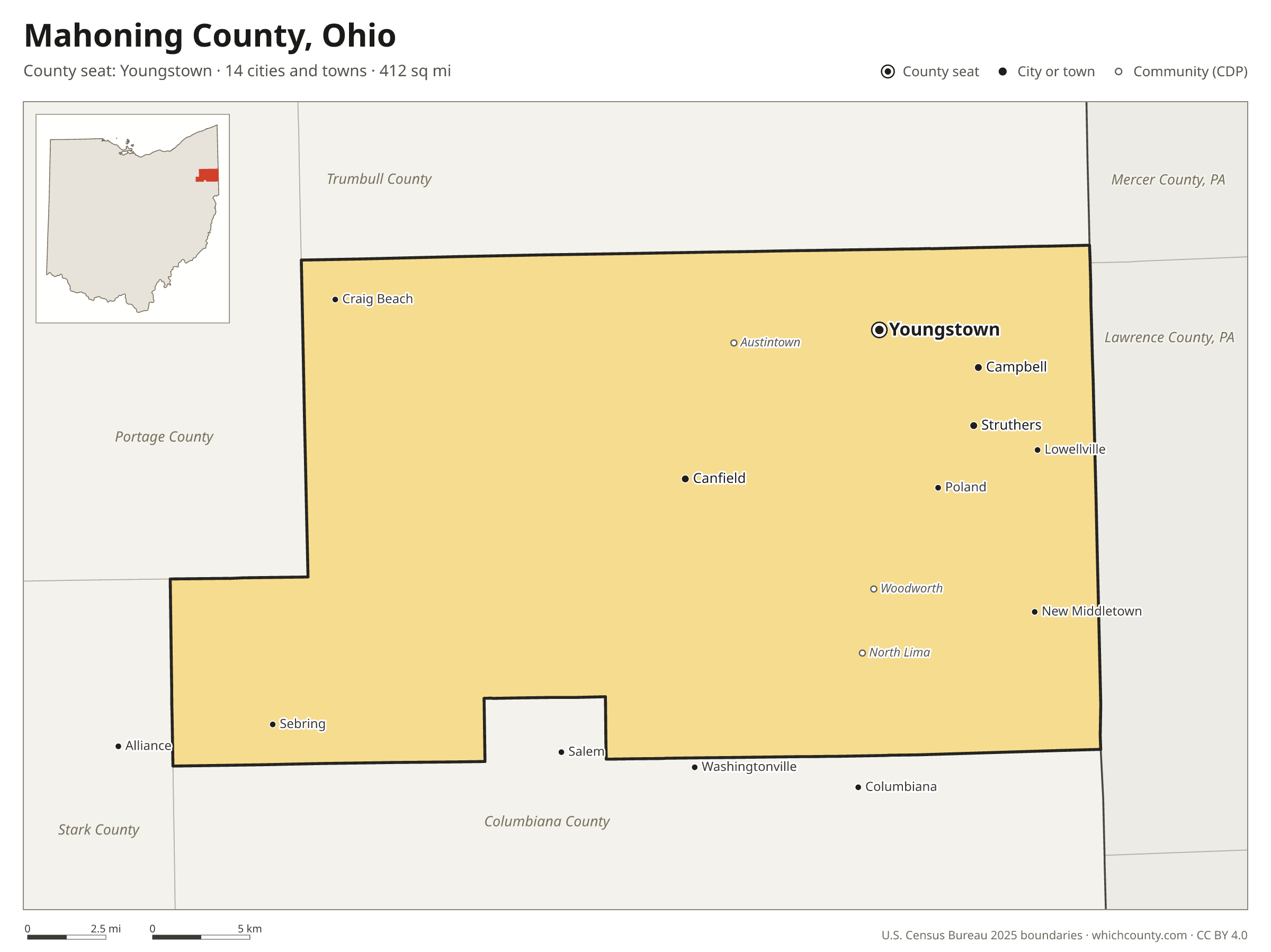 Map of Mahoning County, Ohio with cities, towns and the county boundary
