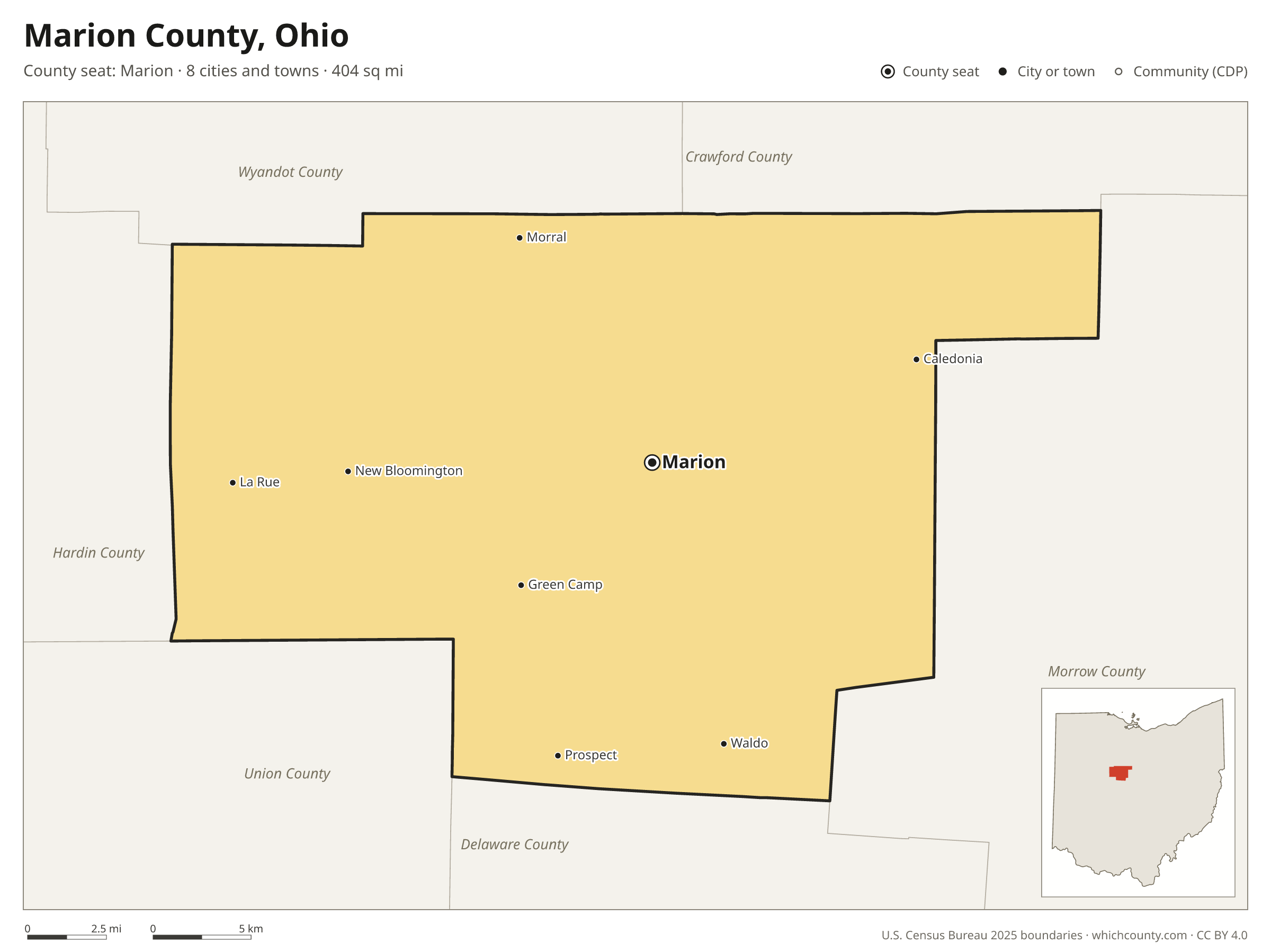 Map of Marion County, Ohio with cities, towns and the county boundary
