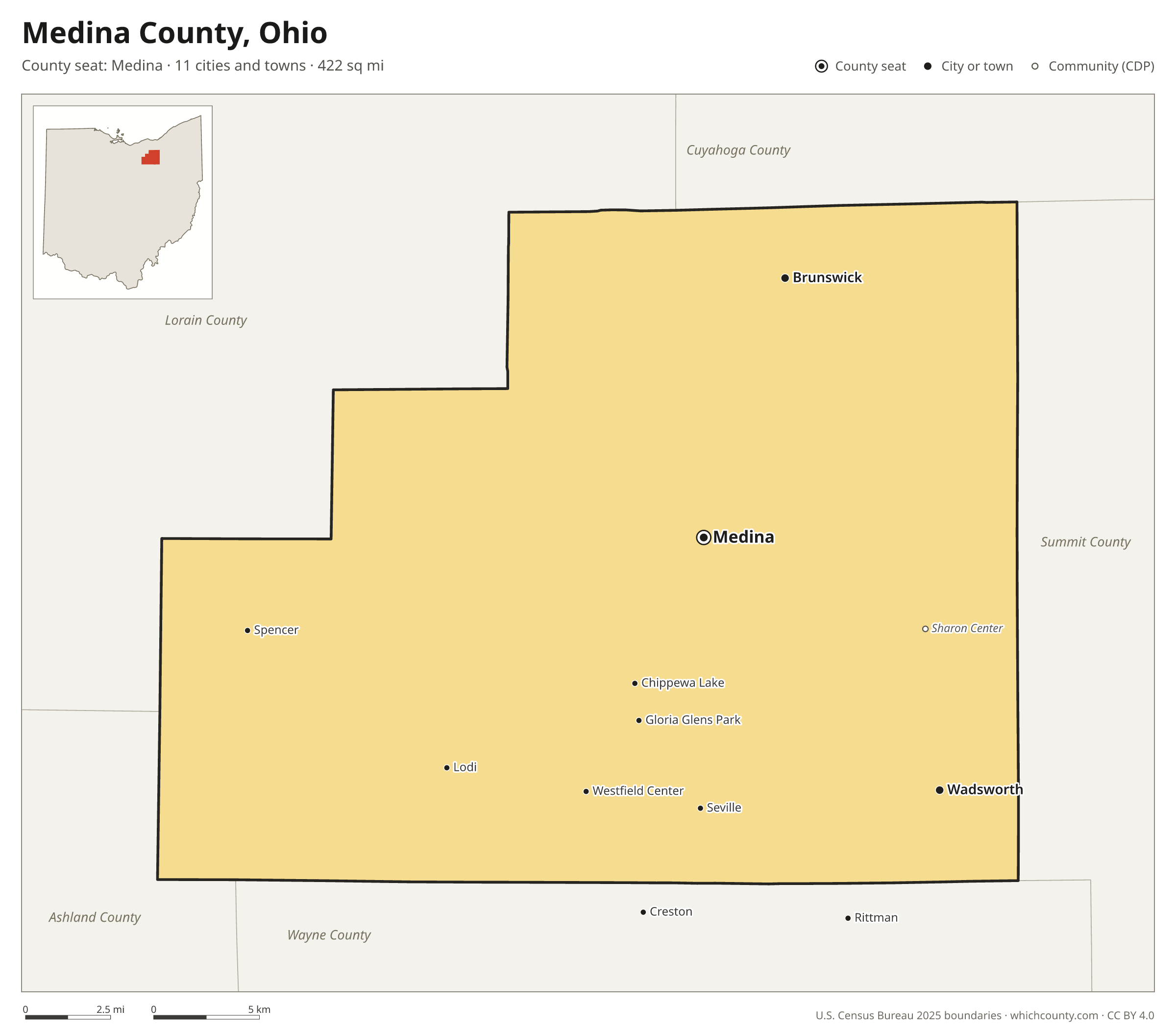 Map of Medina County, Ohio with cities, towns and the county boundary