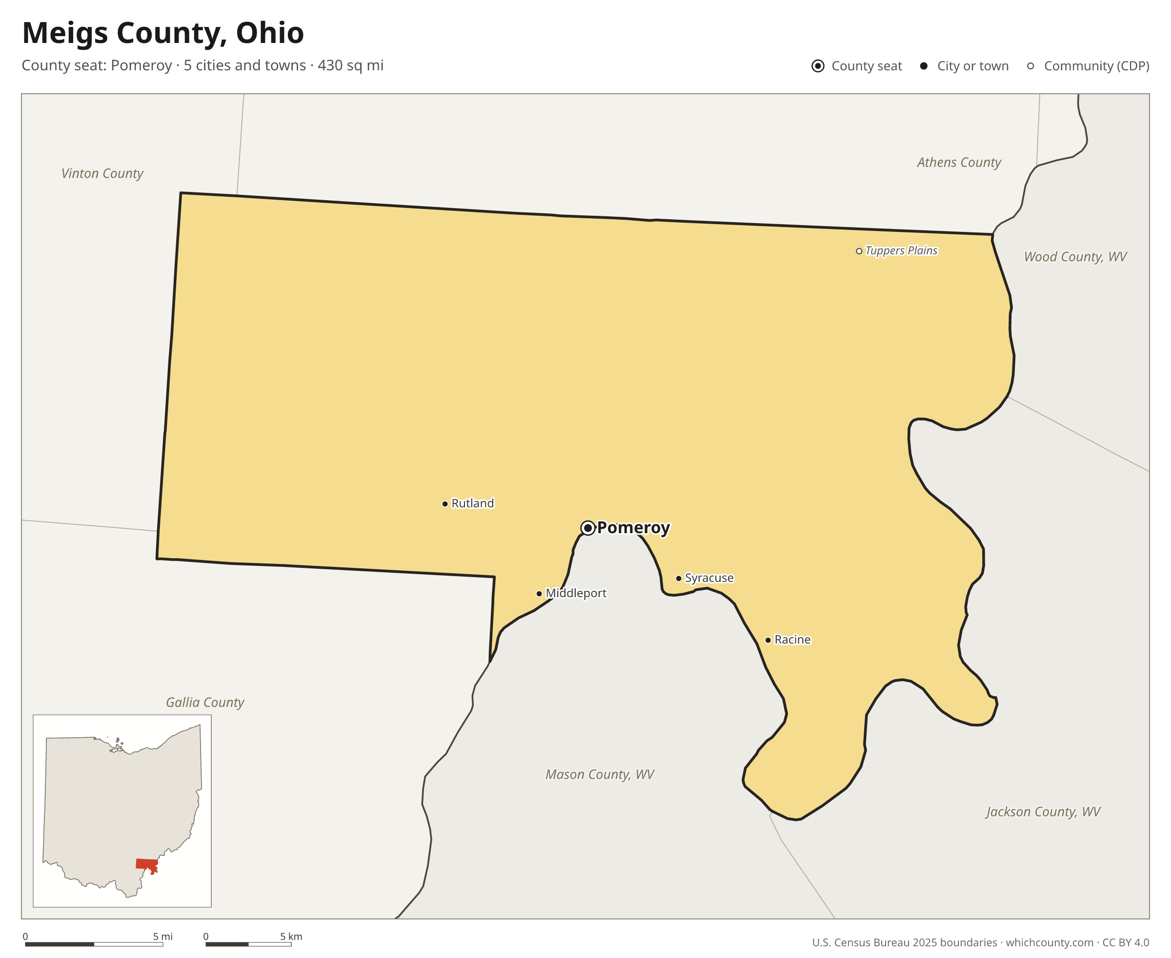 Map of Meigs County, Ohio with cities, towns and the county boundary
