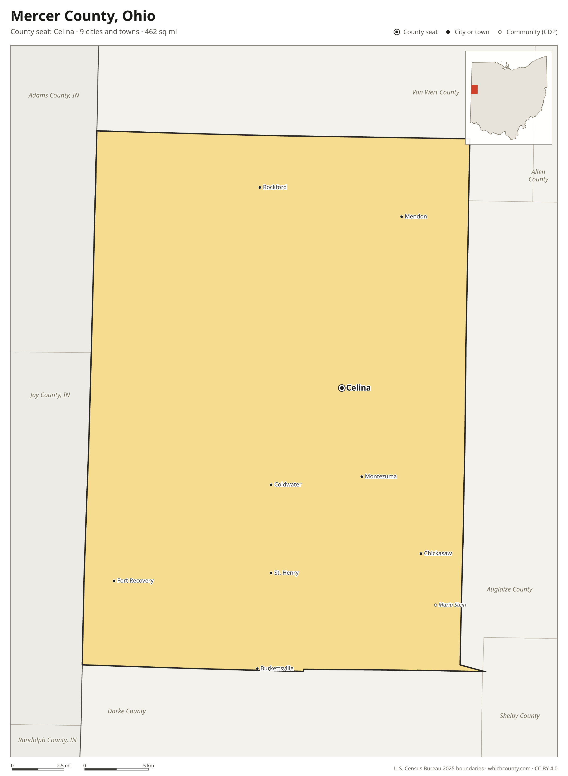 Map of Mercer County, Ohio with cities, towns and the county boundary