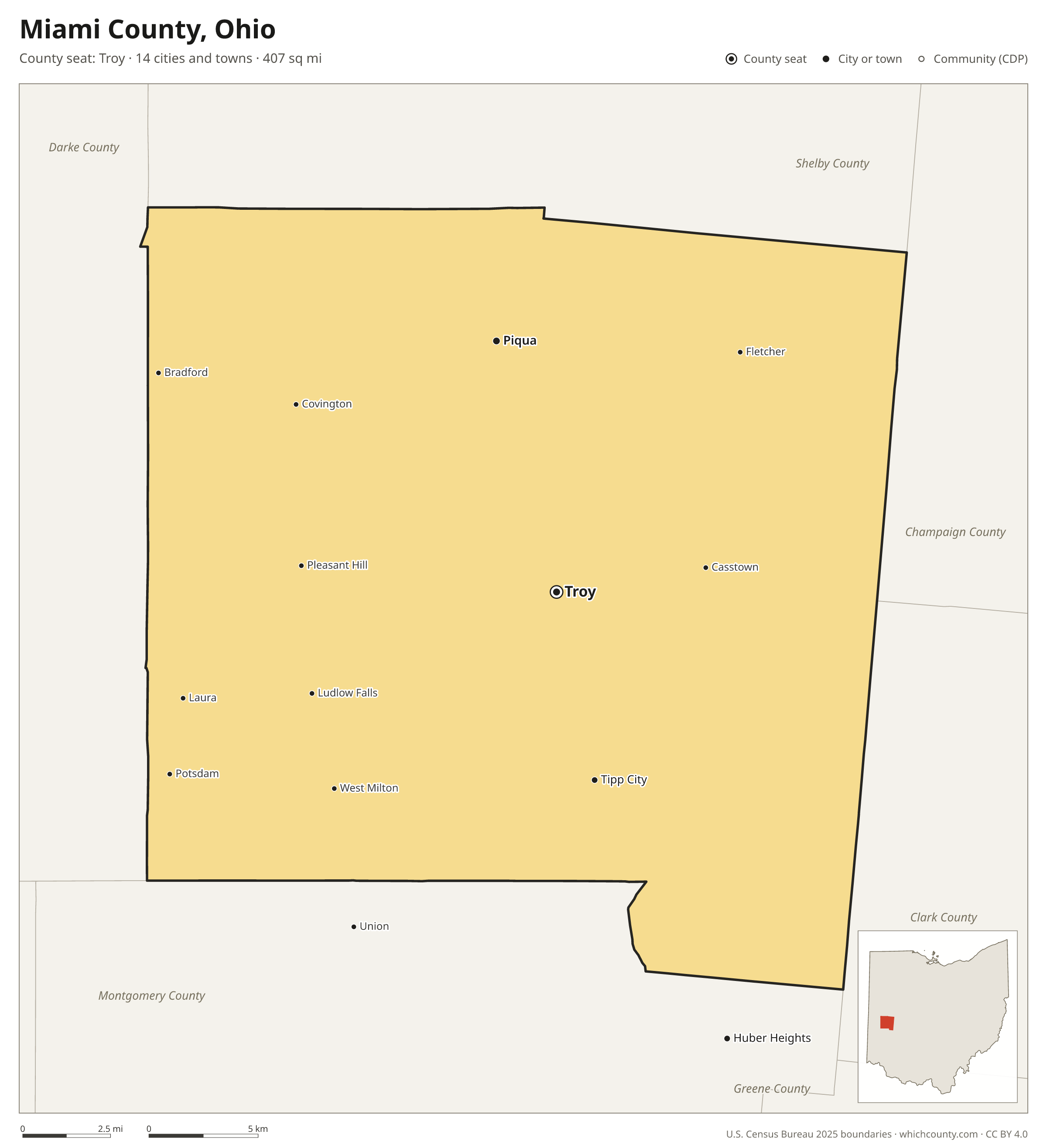 Map of Miami County, Ohio with cities, towns and the county boundary