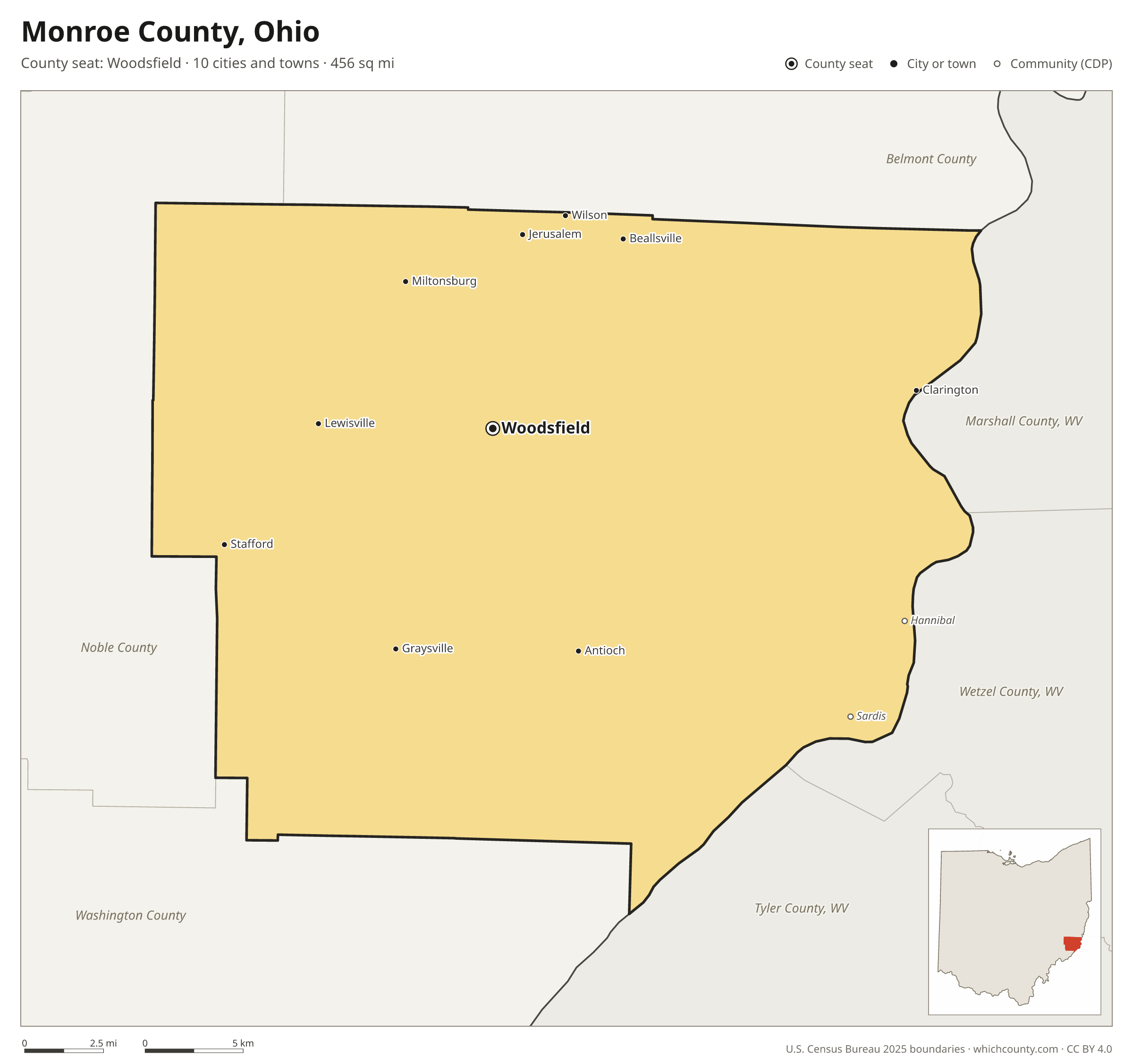Map of Monroe County, Ohio with cities, towns and the county boundary