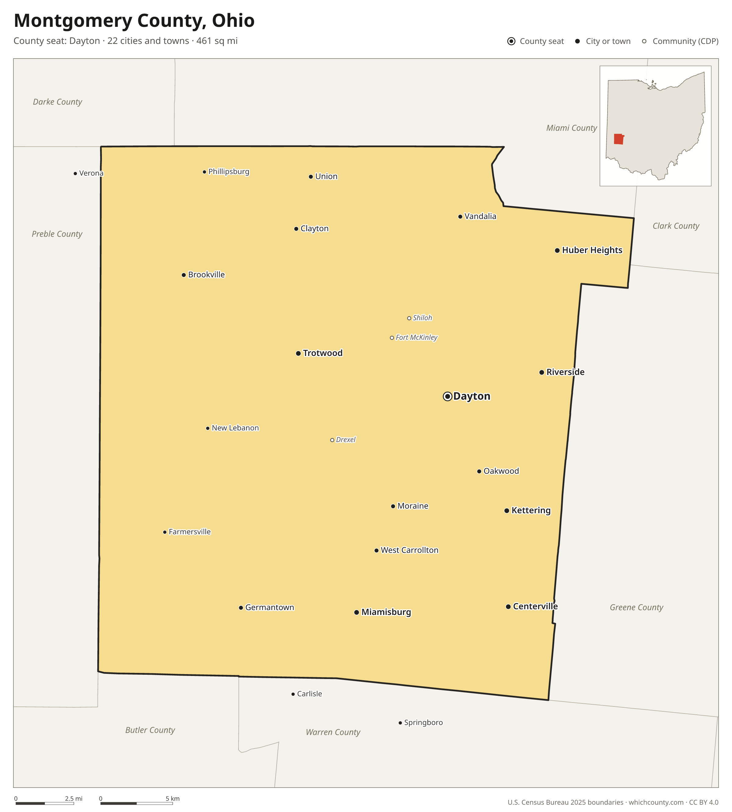 Map of Montgomery County, Ohio with cities, towns and the county boundary
