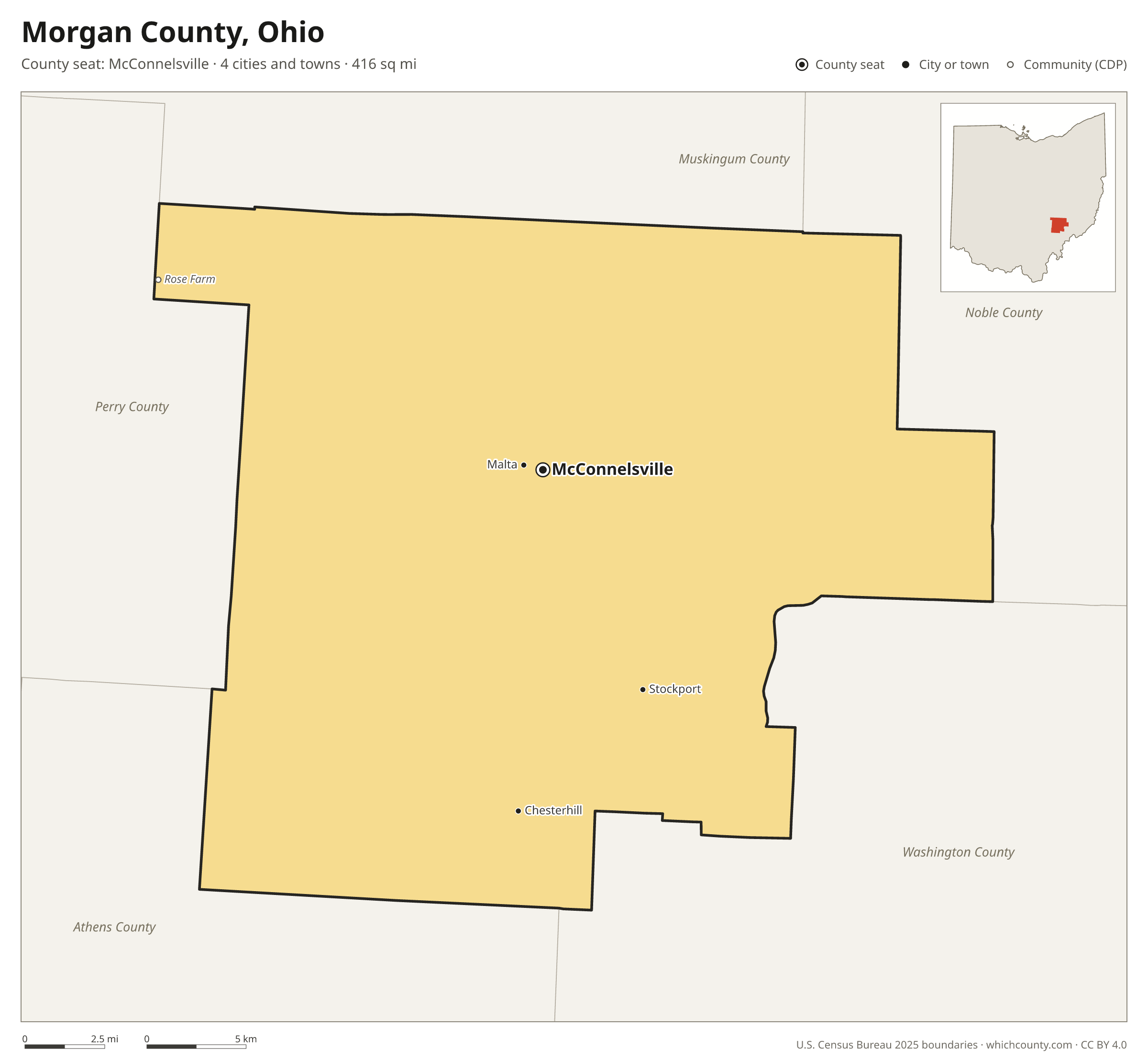 Map of Morgan County, Ohio with cities, towns and the county boundary