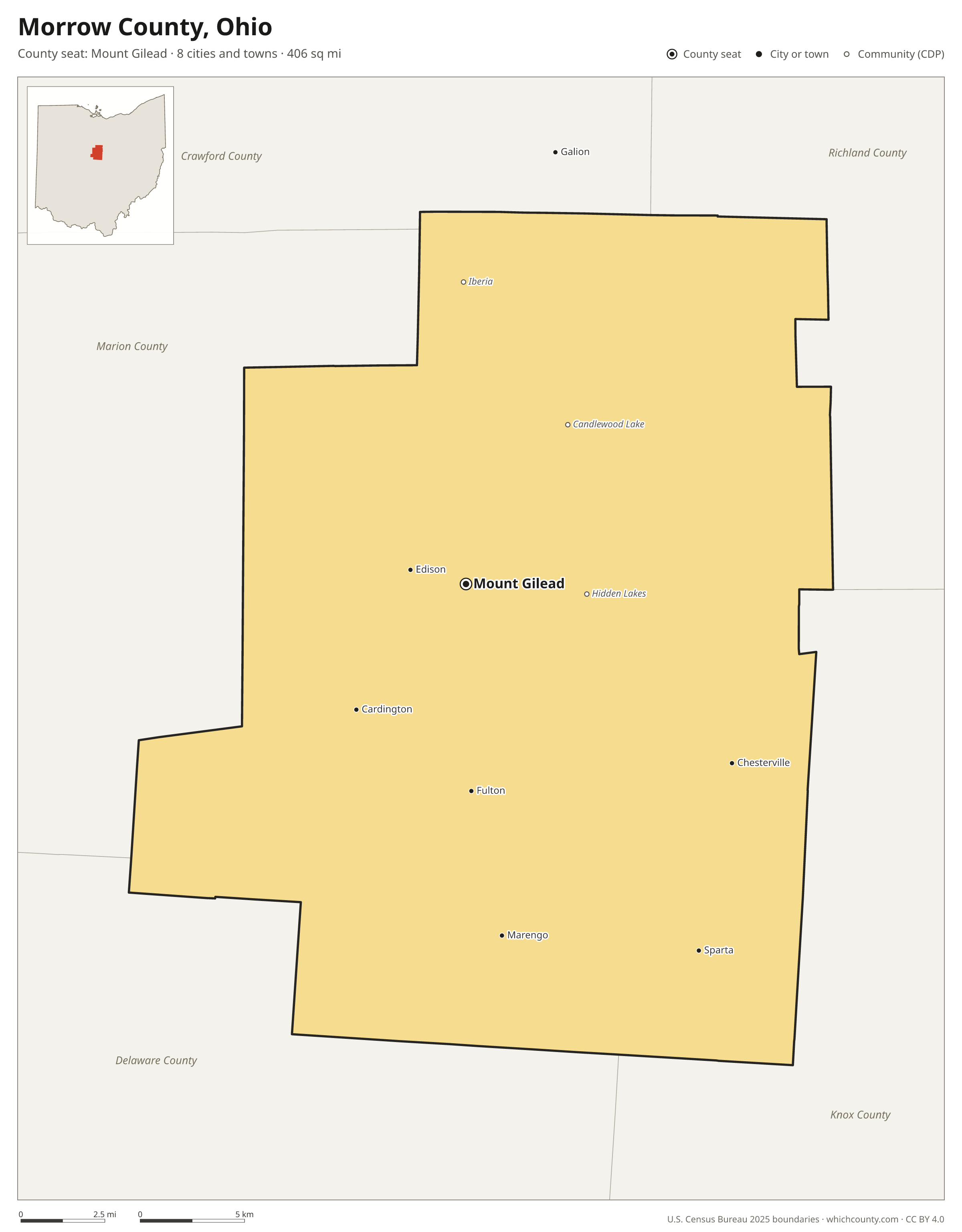 Map of Morrow County, Ohio with cities, towns and the county boundary