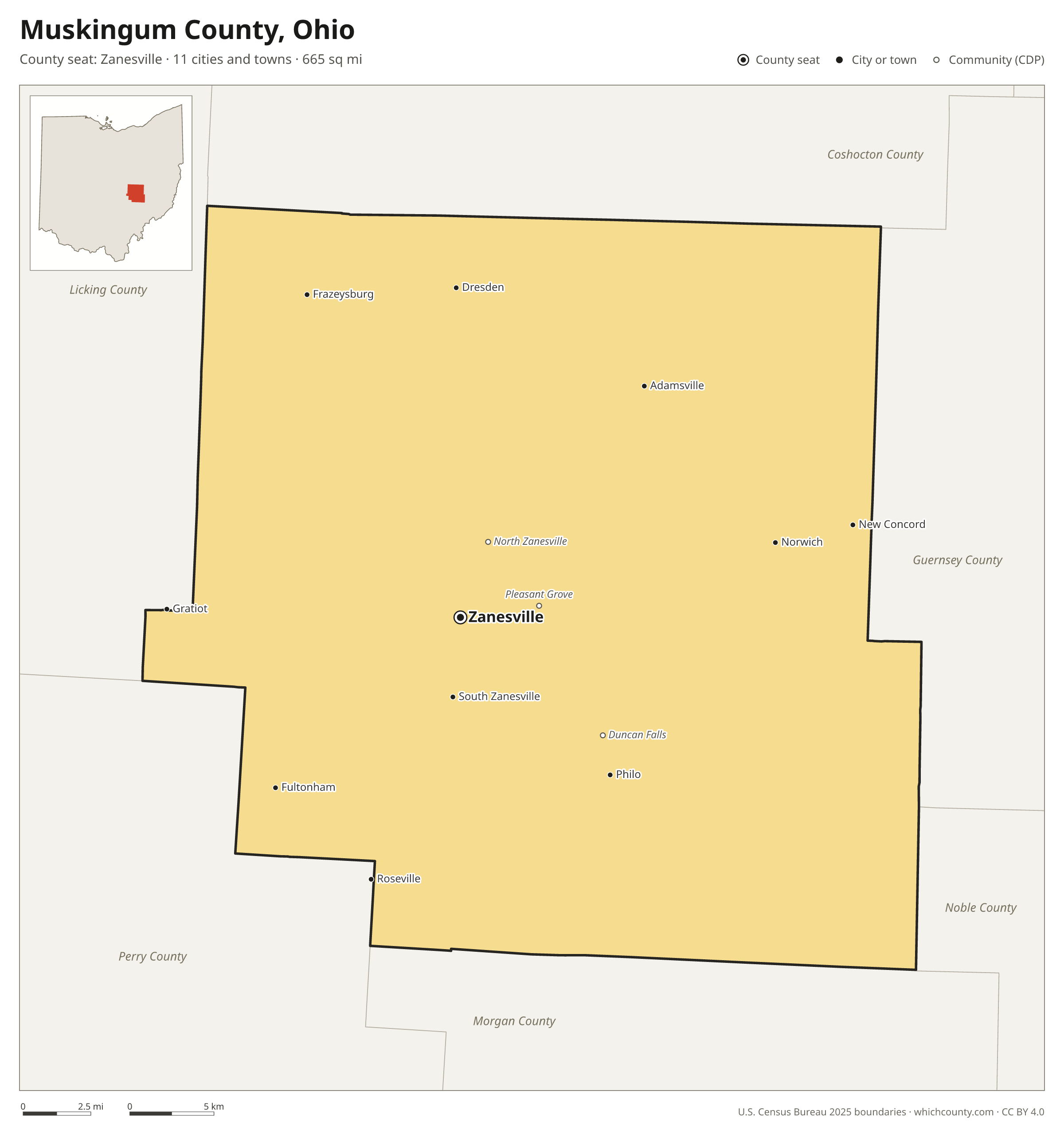 Map of Muskingum County, Ohio with cities, towns and the county boundary