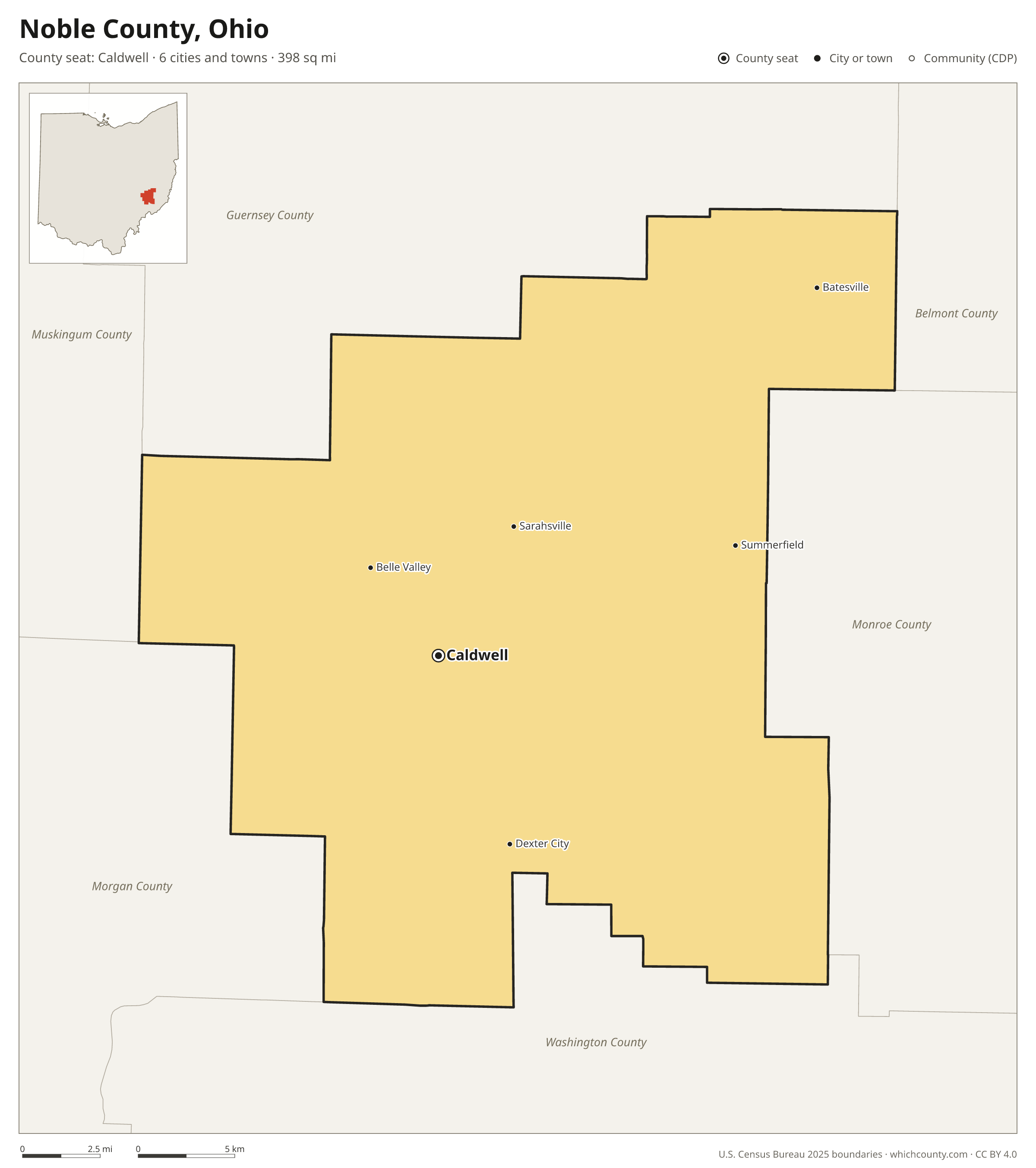 Map of Noble County, Ohio with cities, towns and the county boundary