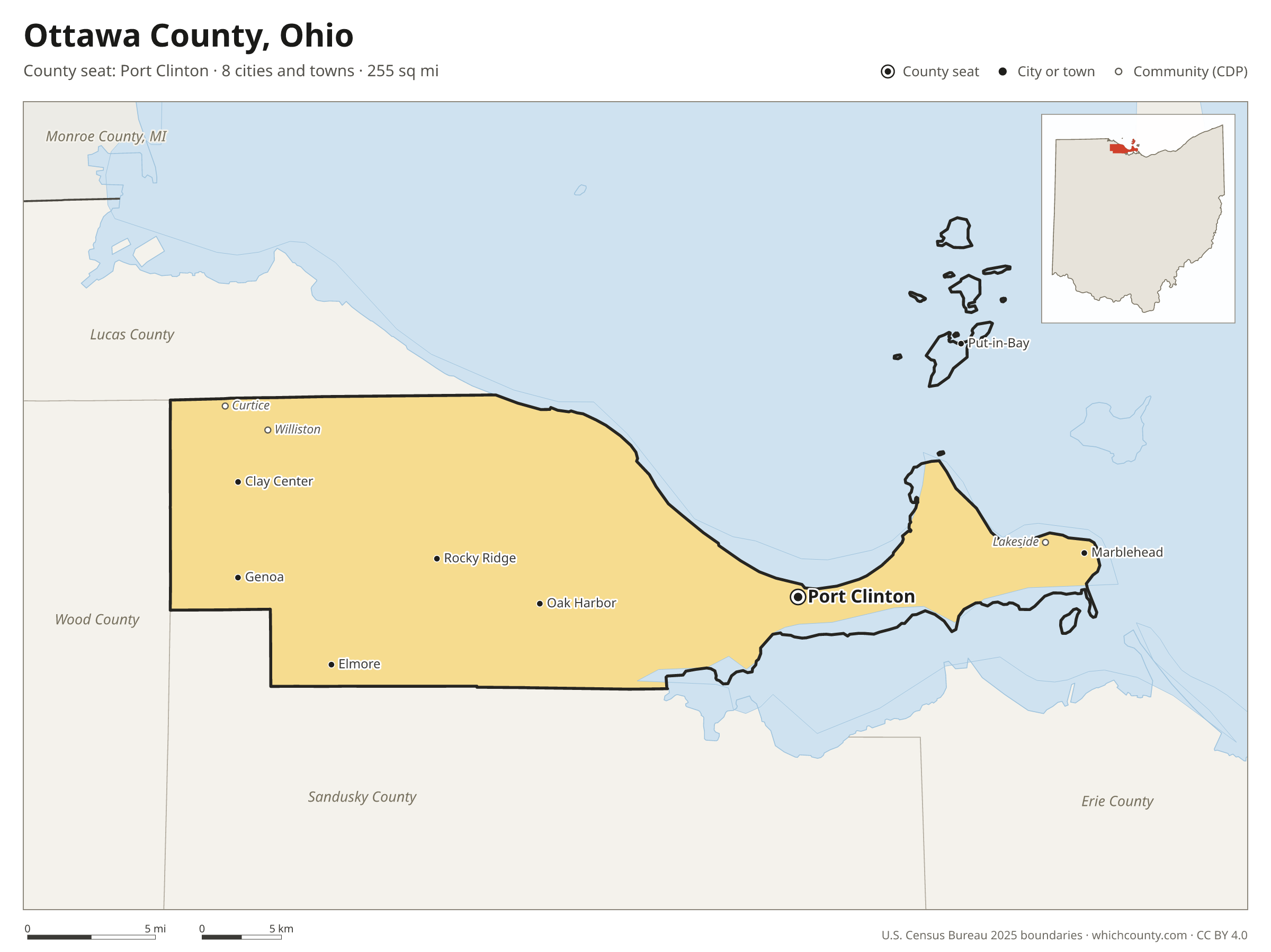 Map of Ottawa County, Ohio with cities, towns and the county boundary