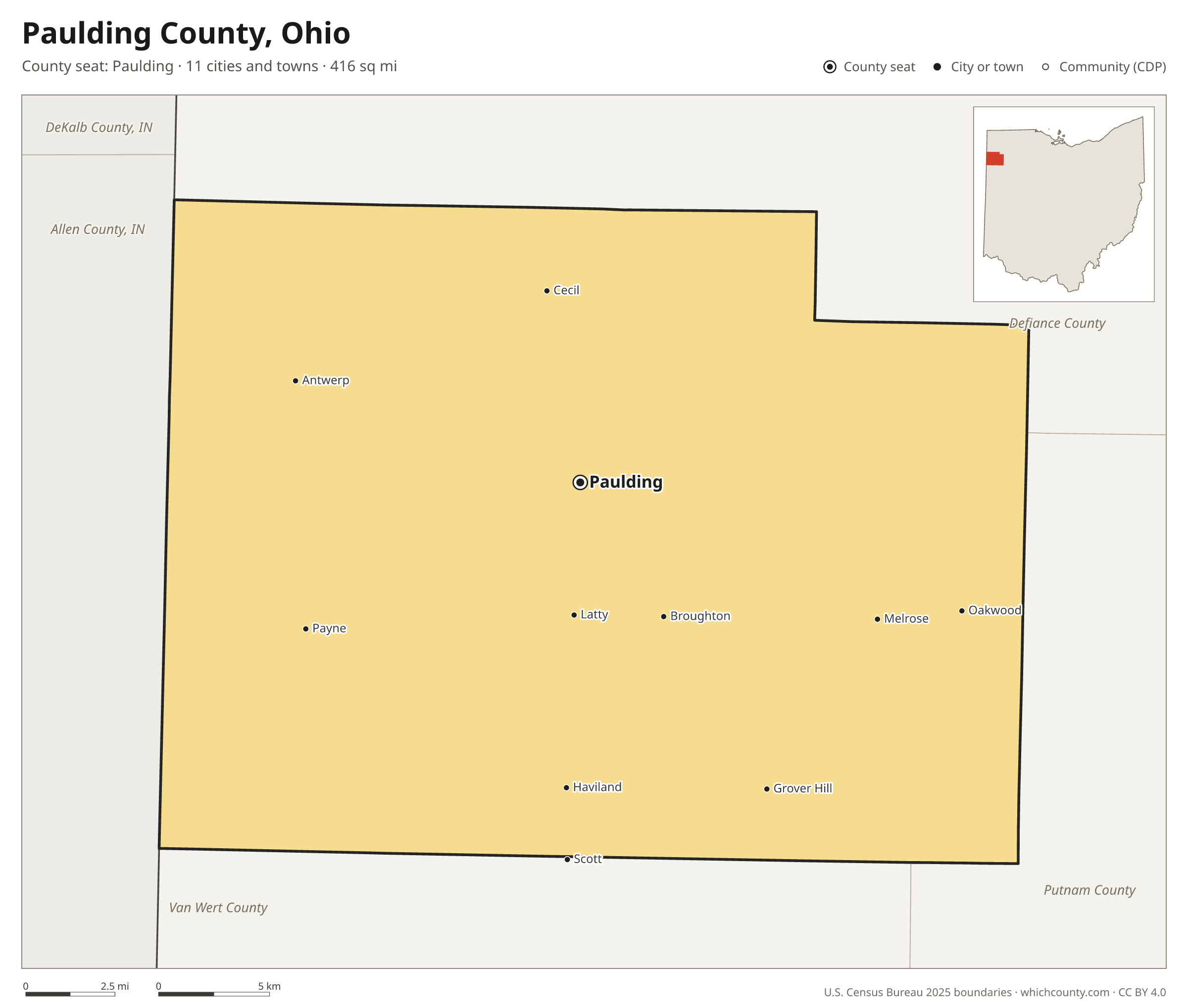 Map of Paulding County, Ohio with cities, towns and the county boundary