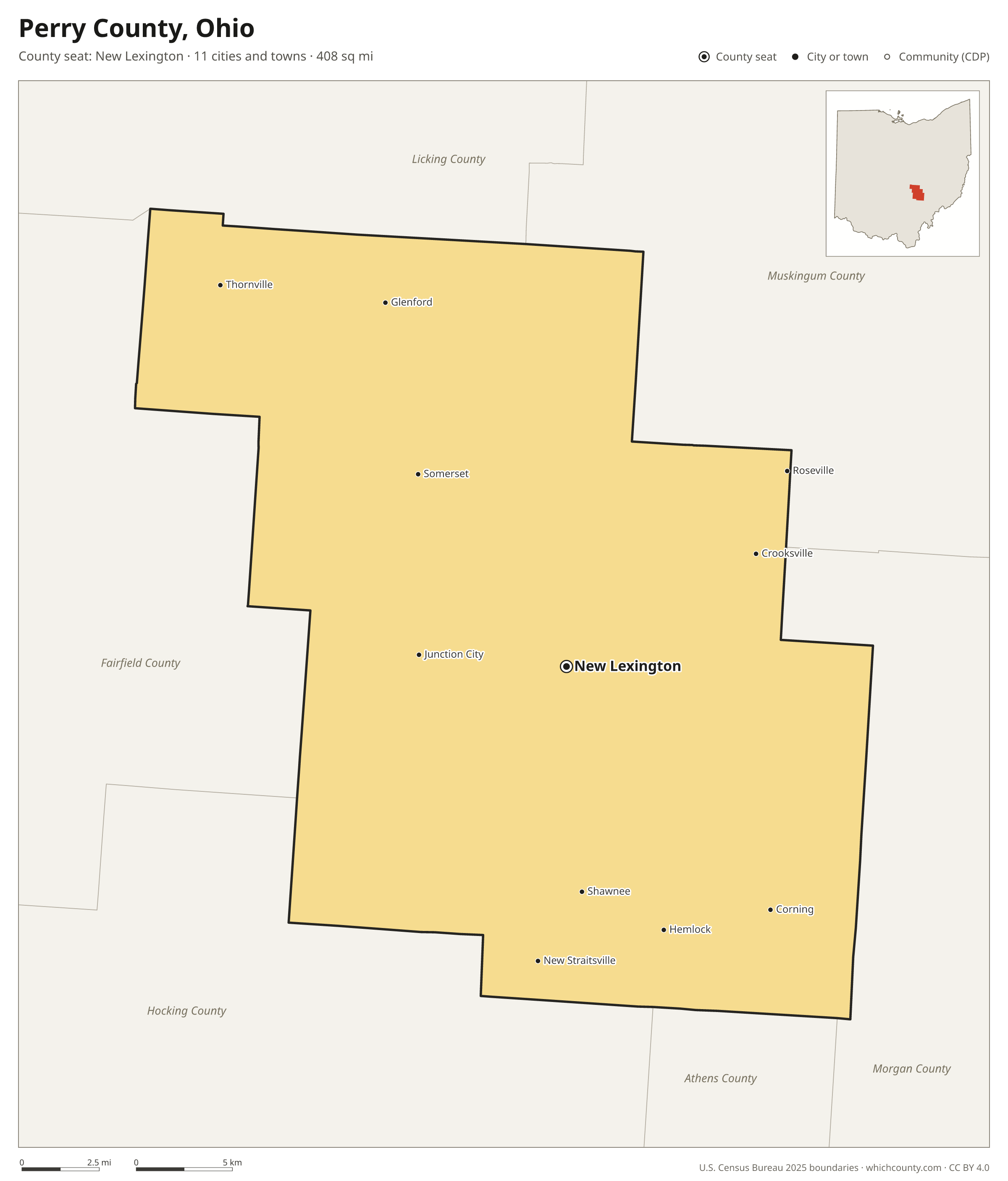 Map of Perry County, Ohio with cities, towns and the county boundary