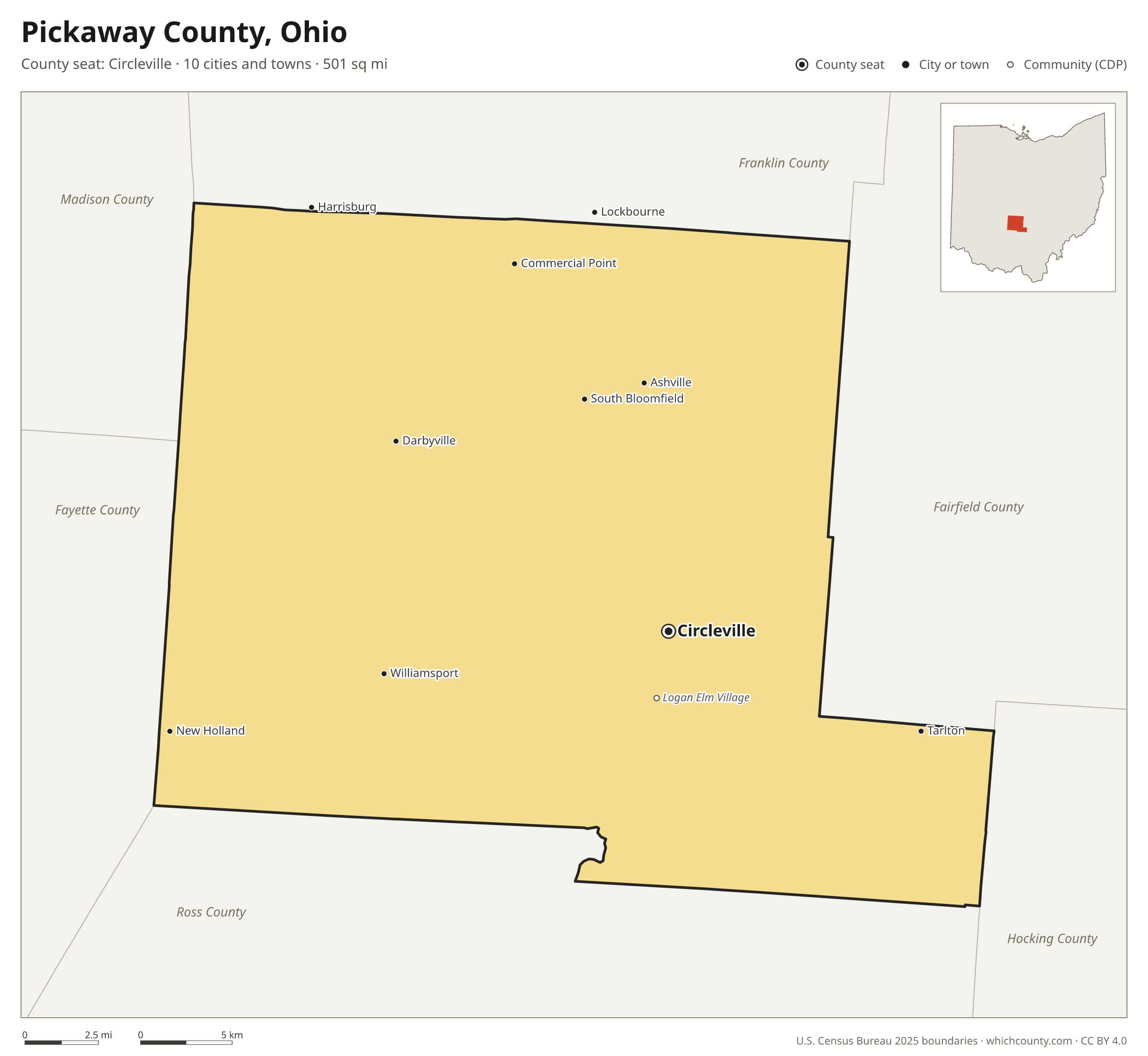 Map of Pickaway County, Ohio with cities, towns and the county boundary