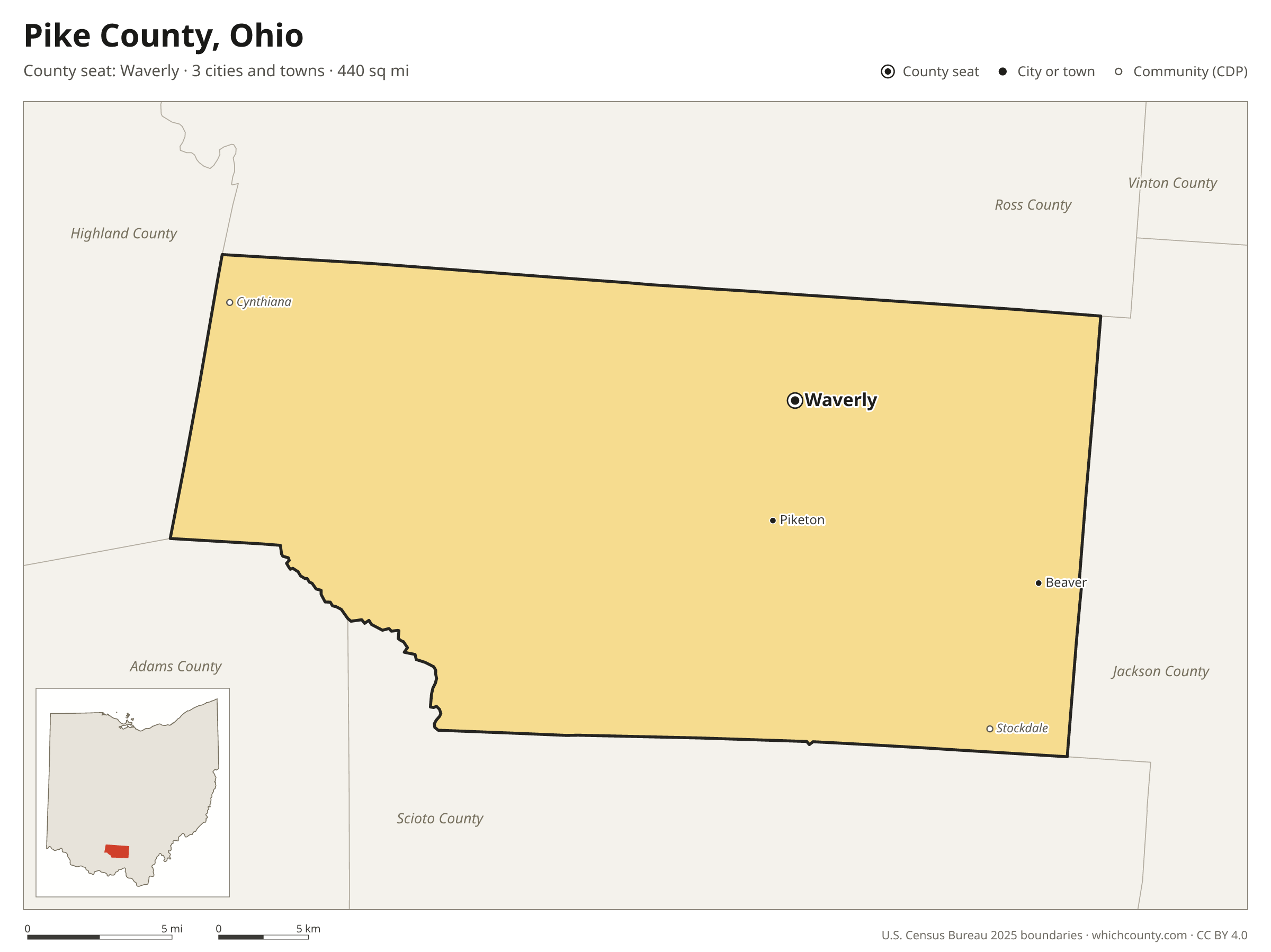 Map of Pike County, Ohio with cities, towns and the county boundary