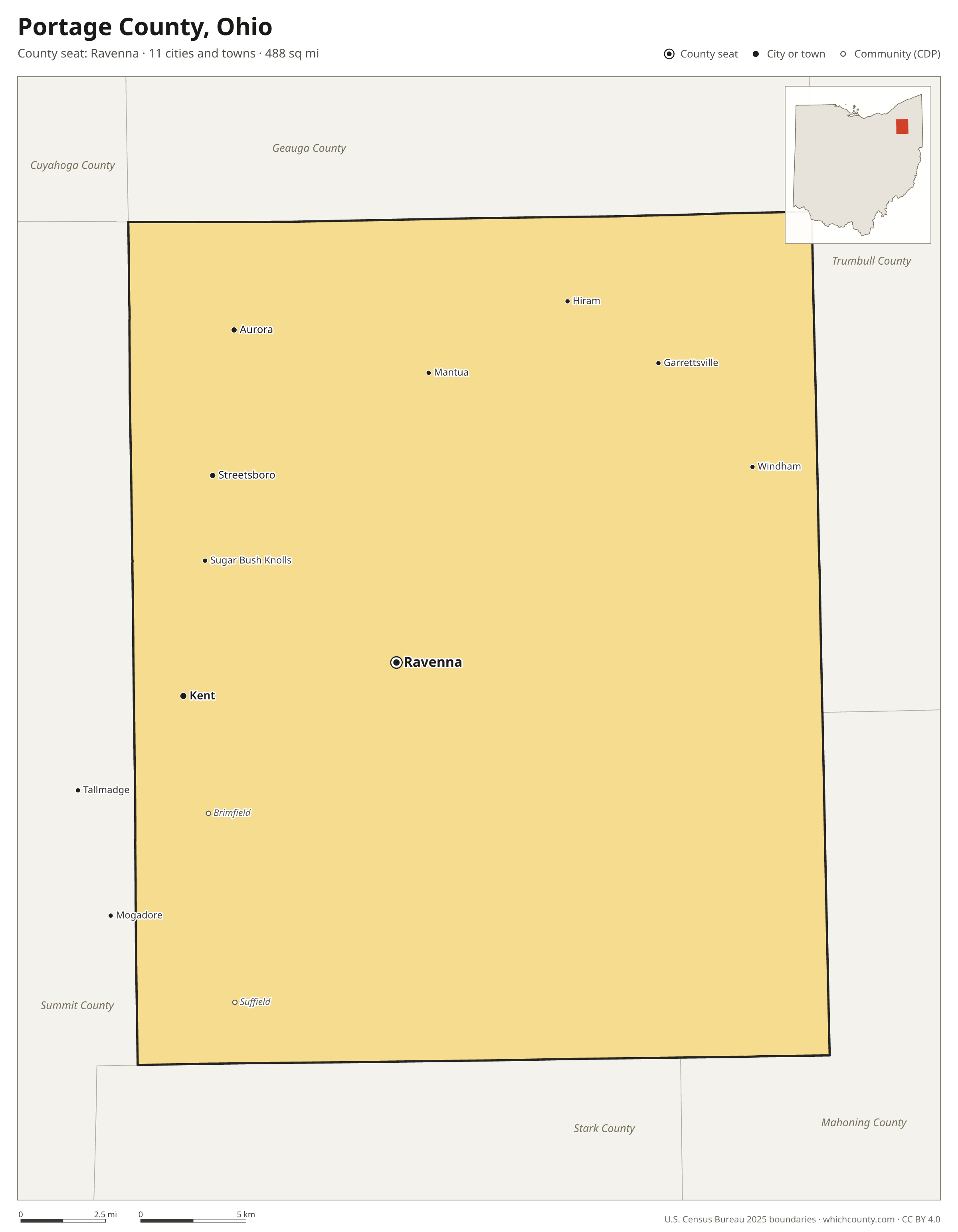 Map of Portage County, Ohio with cities, towns and the county boundary