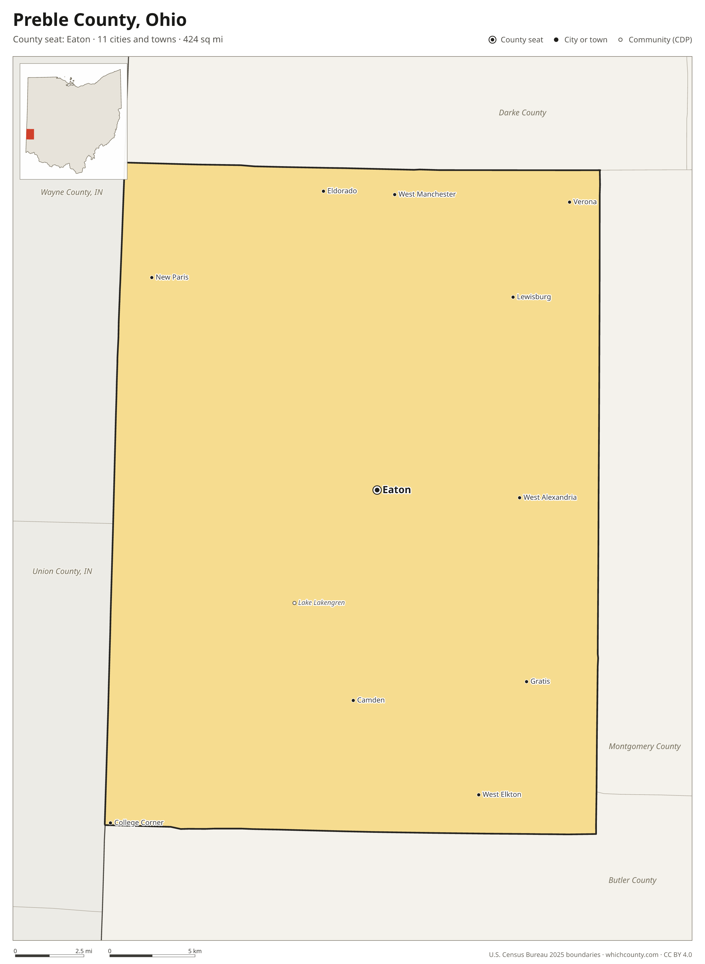 Map of Preble County, Ohio with cities, towns and the county boundary