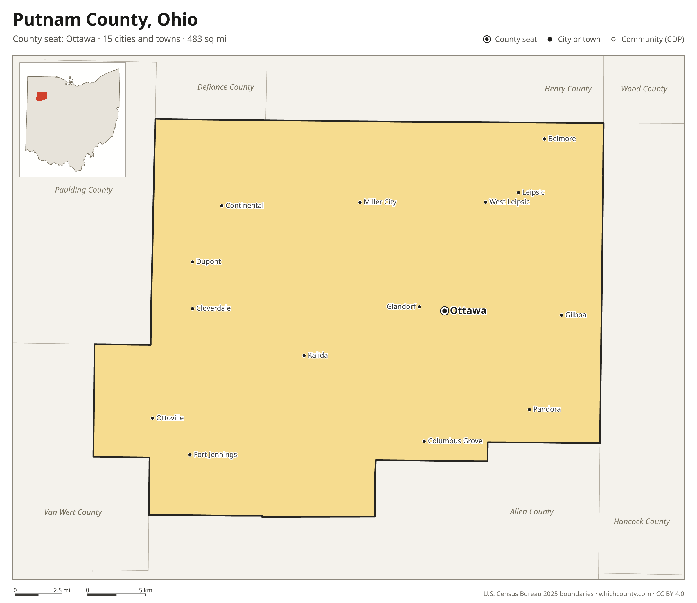 Map of Putnam County, Ohio with cities, towns and the county boundary