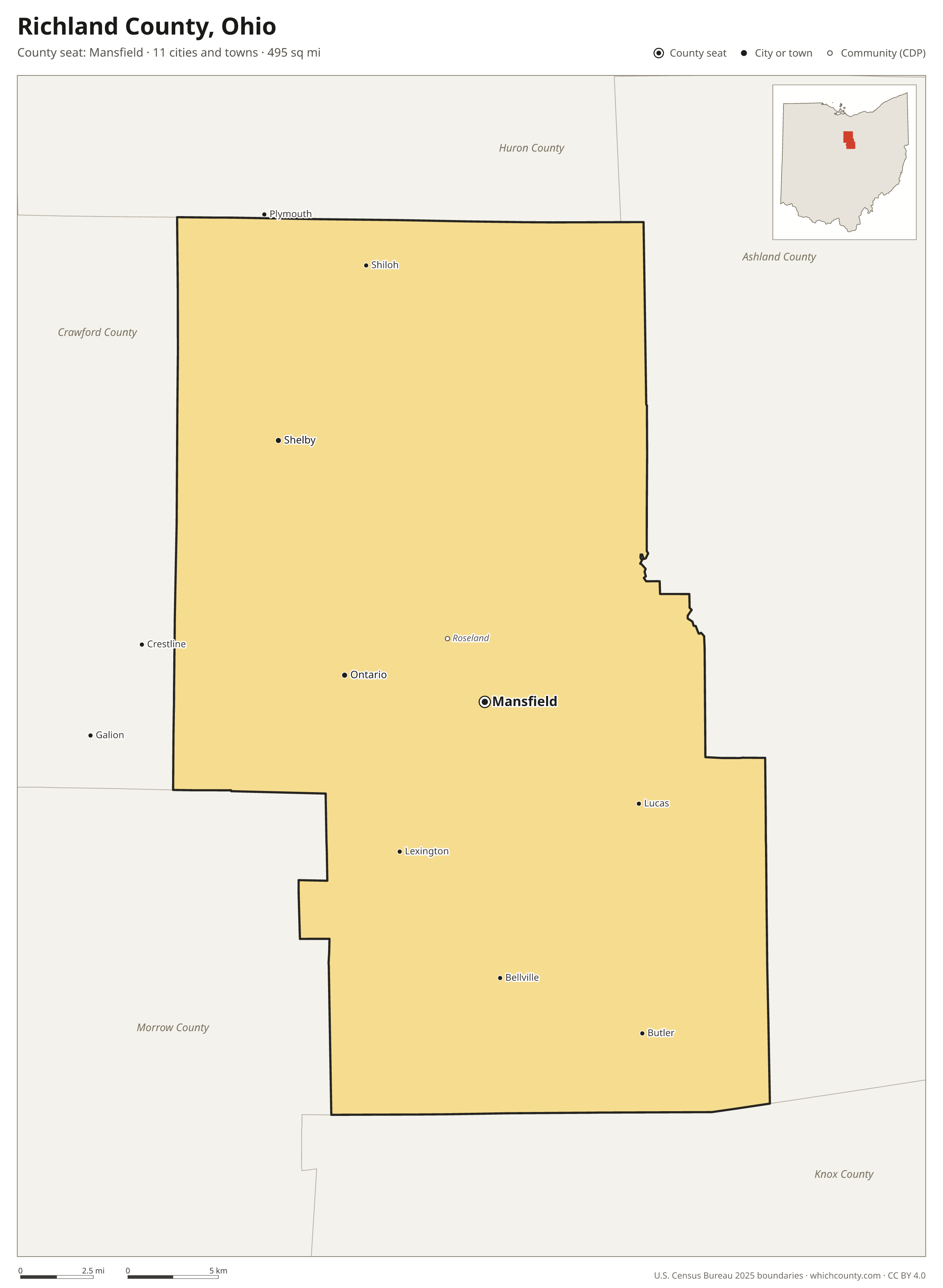 Map of Richland County, Ohio with cities, towns and the county boundary