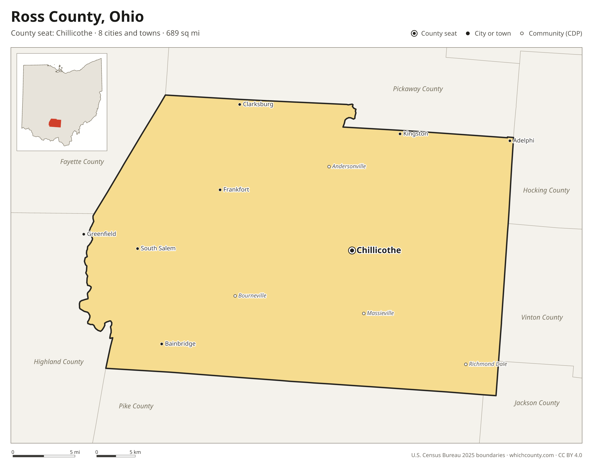 Map of Ross County, Ohio with cities, towns and the county boundary
