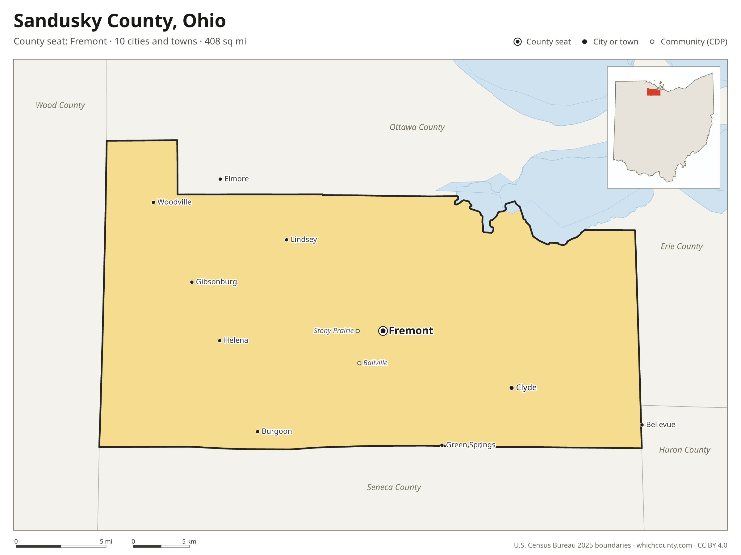 Map of Sandusky County, Ohio with cities, towns and the county boundary
