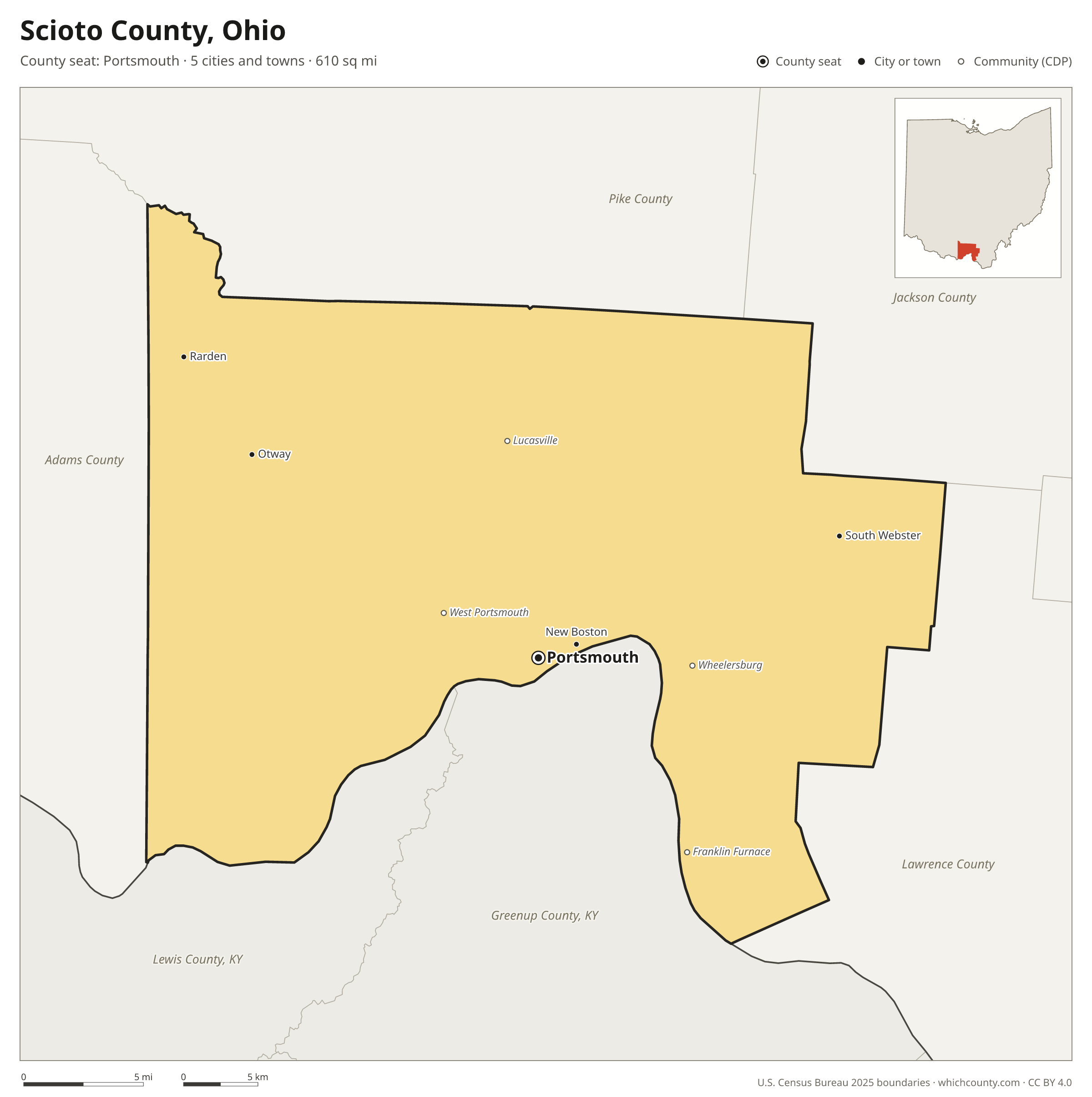Map of Scioto County, Ohio with cities, towns and the county boundary
