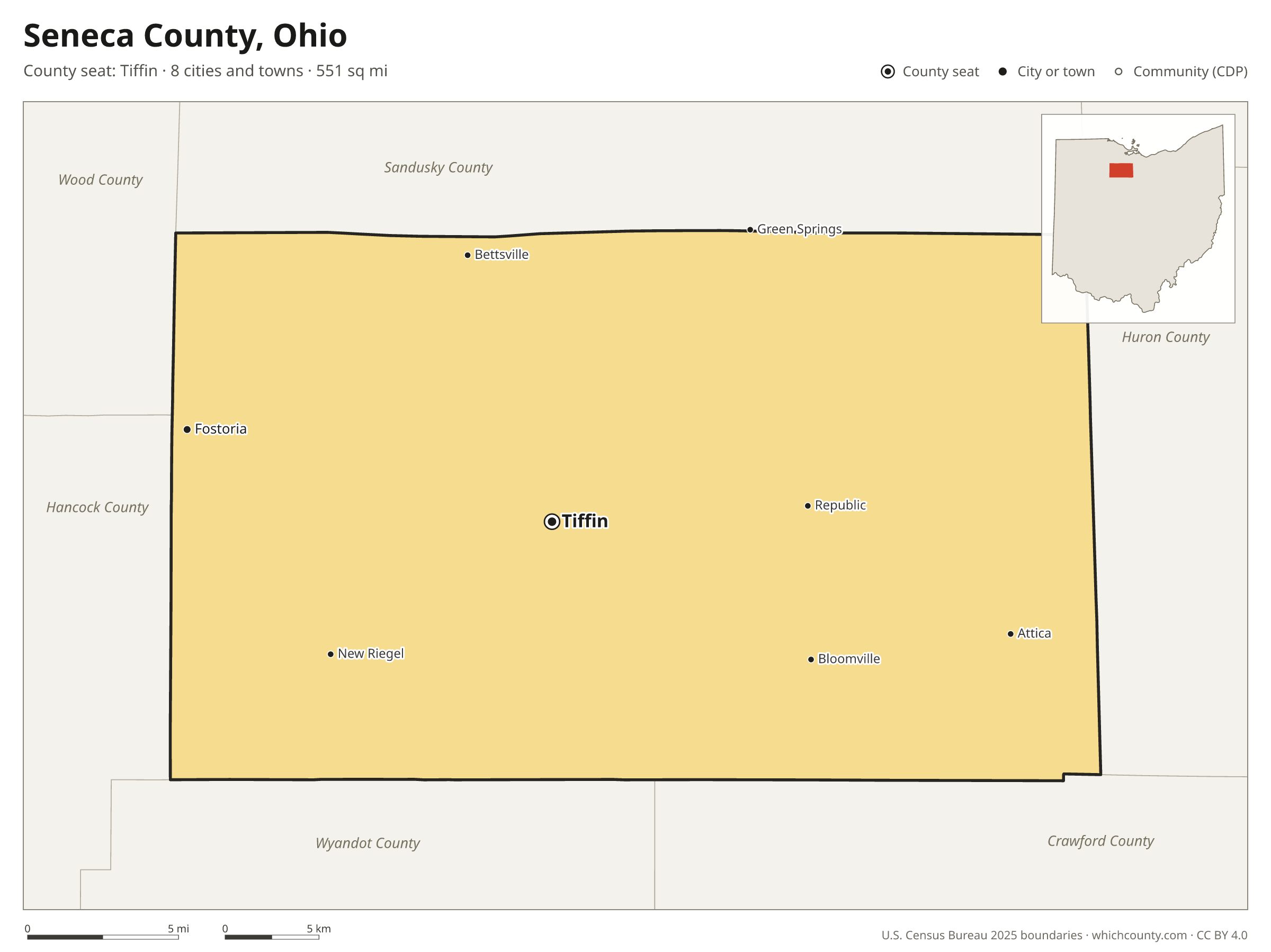 Map of Seneca County, Ohio with cities, towns and the county boundary