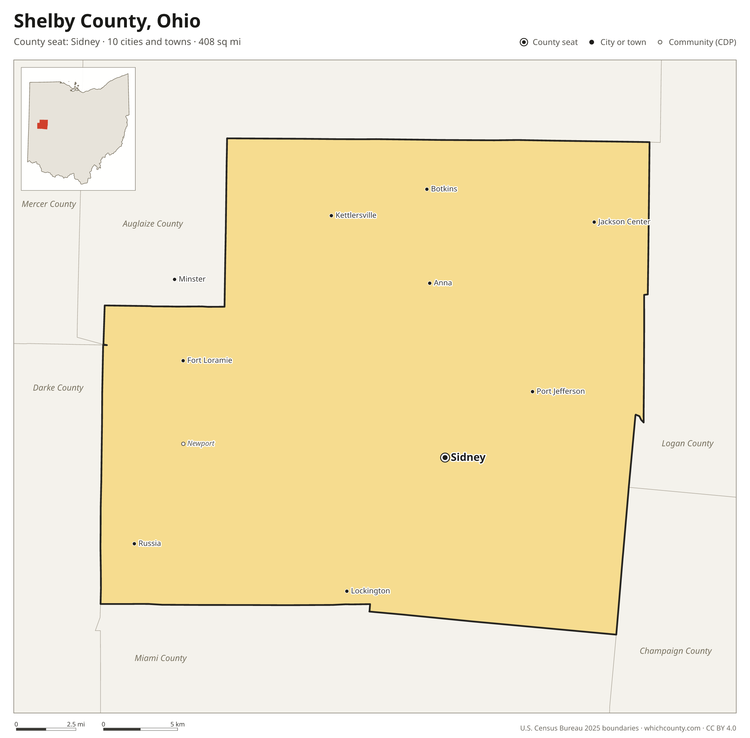 Map of Shelby County, Ohio with cities, towns and the county boundary