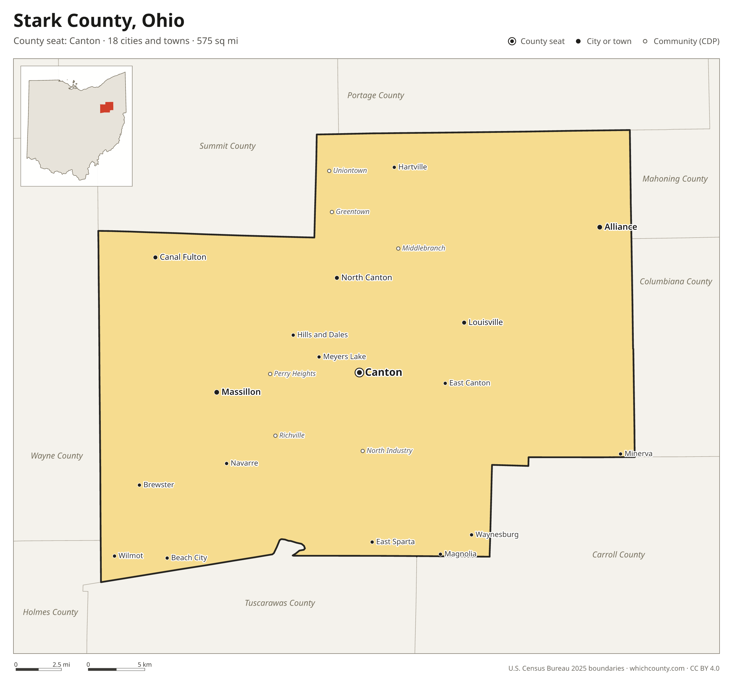 Map of Stark County, Ohio with cities, towns and the county boundary