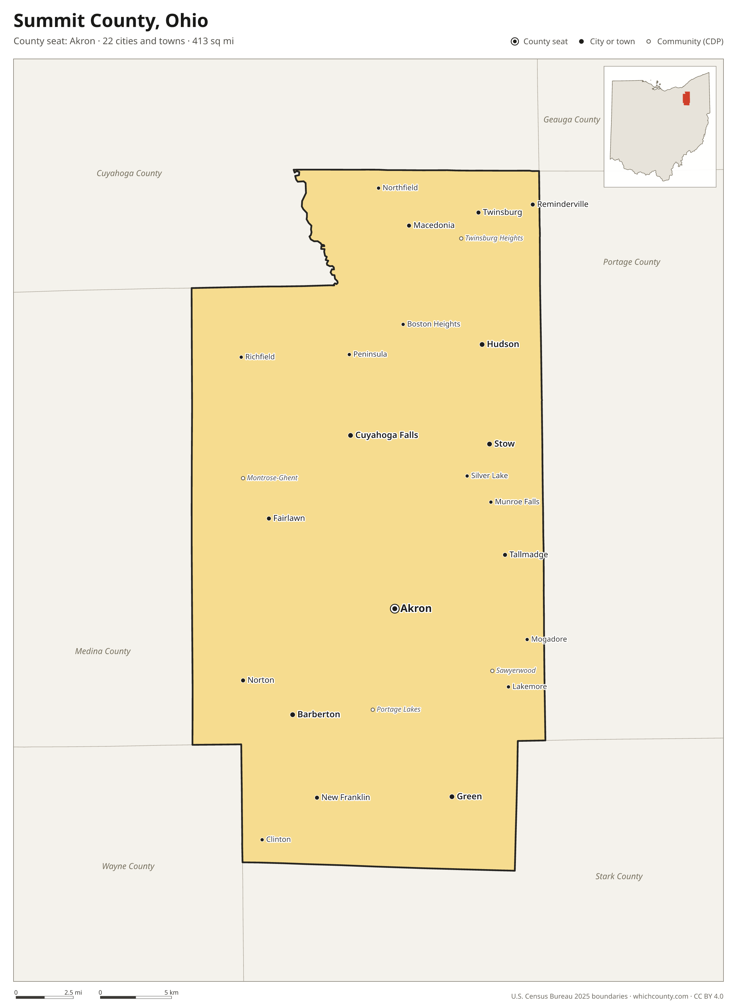 Map of Summit County, Ohio with cities, towns and the county boundary