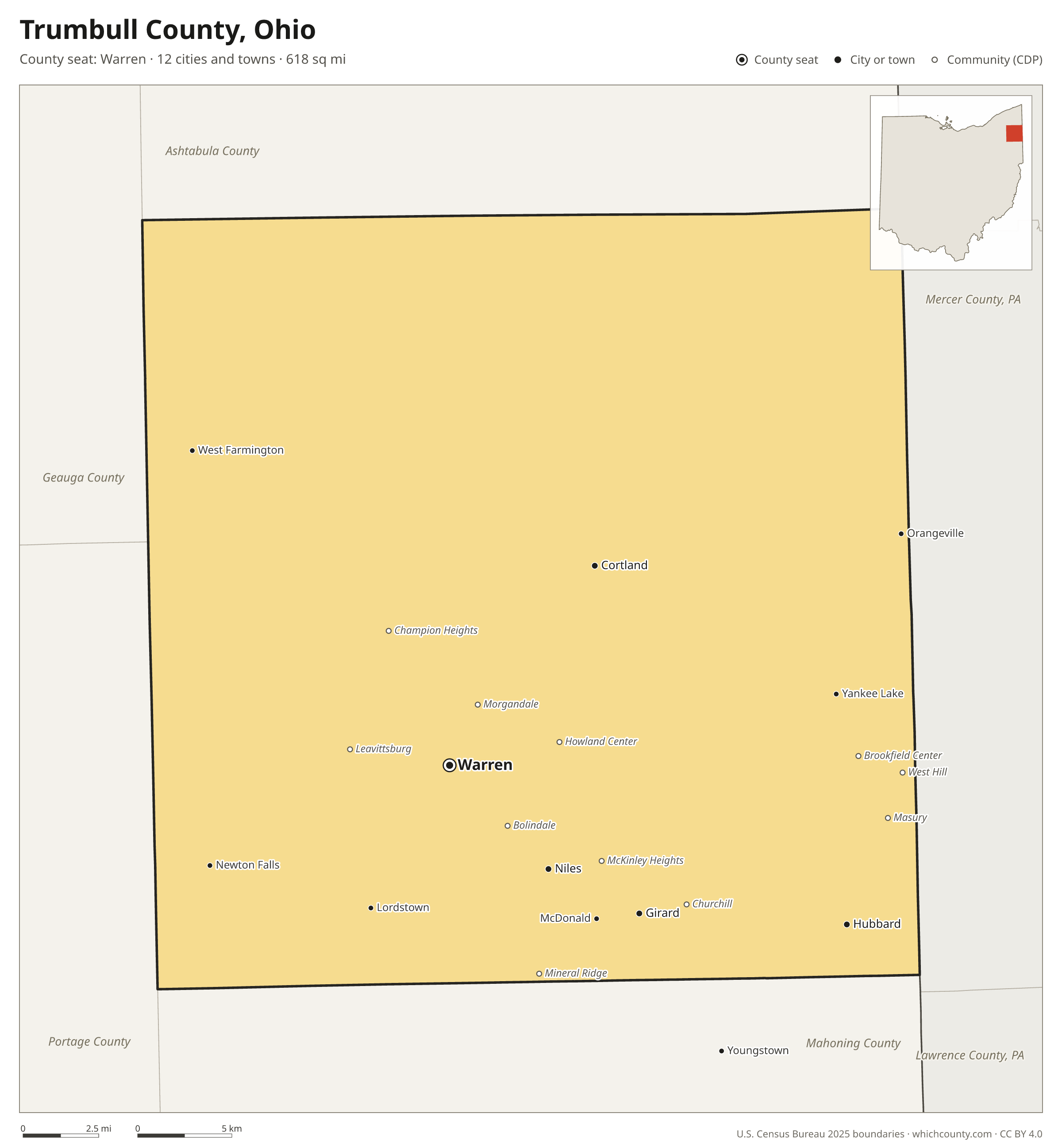 Map of Trumbull County, Ohio with cities, towns and the county boundary