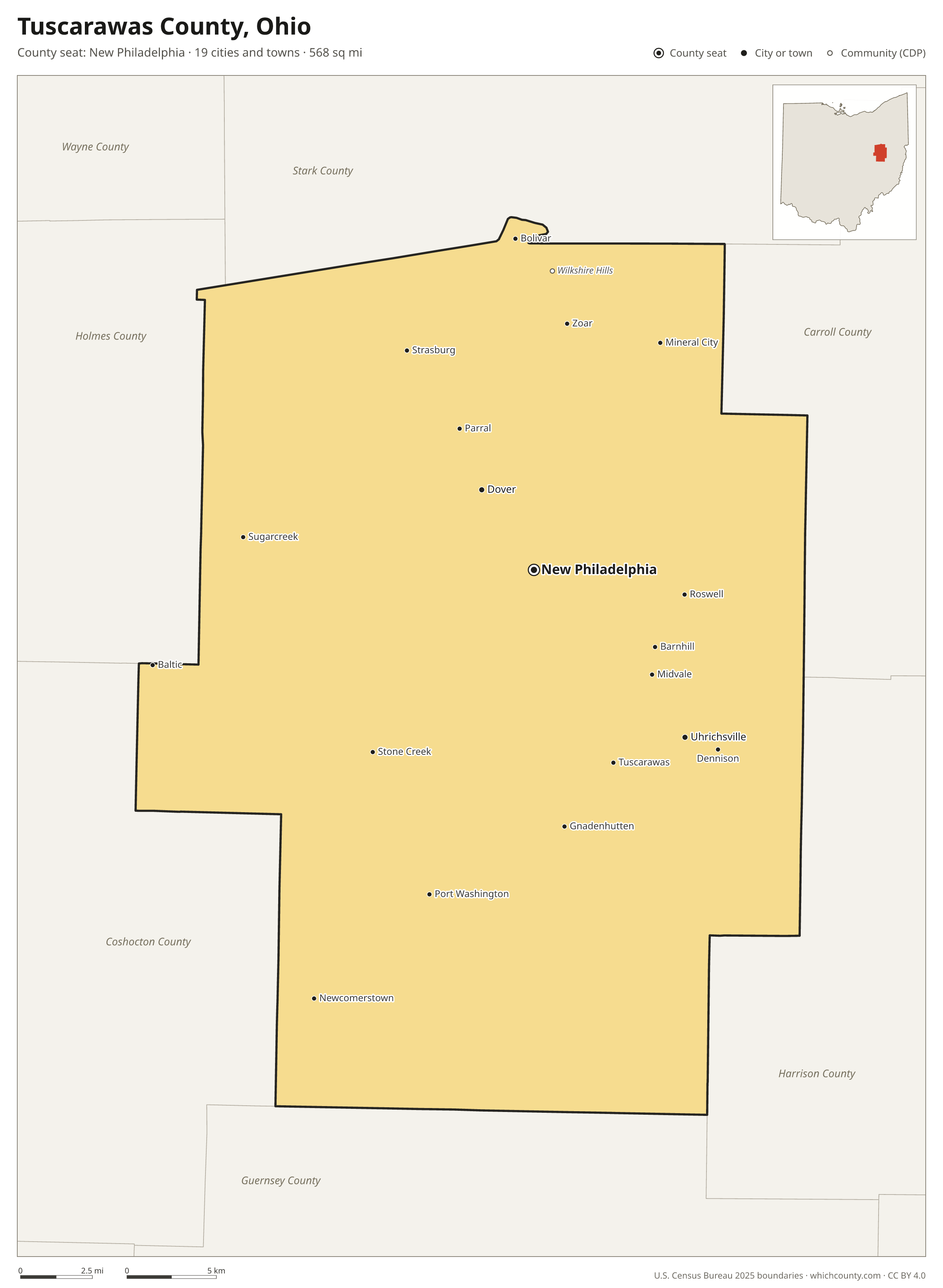 Map of Tuscarawas County, Ohio with cities, towns and the county boundary