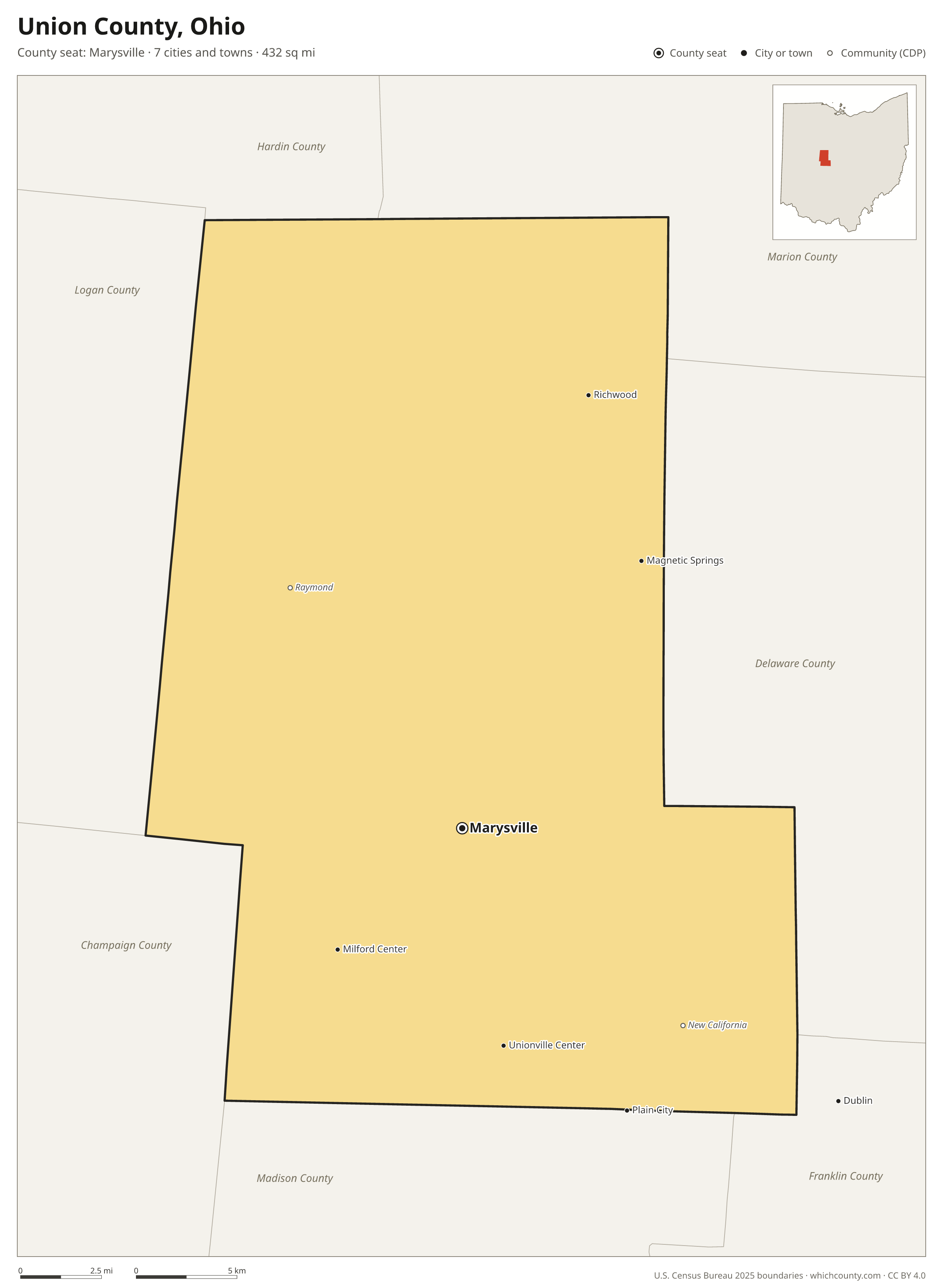 Map of Union County, Ohio with cities, towns and the county boundary
