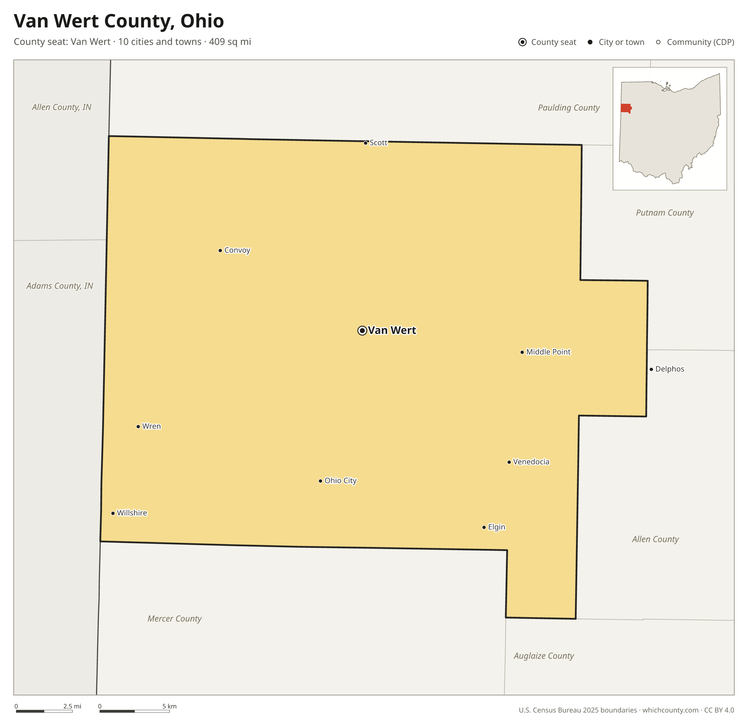 Map of Van Wert County, Ohio with cities, towns and the county boundary