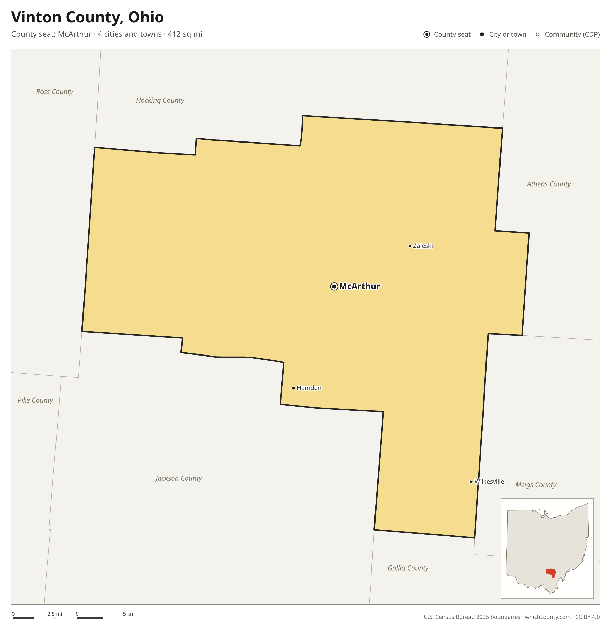 Map of Vinton County, Ohio with cities, towns and the county boundary