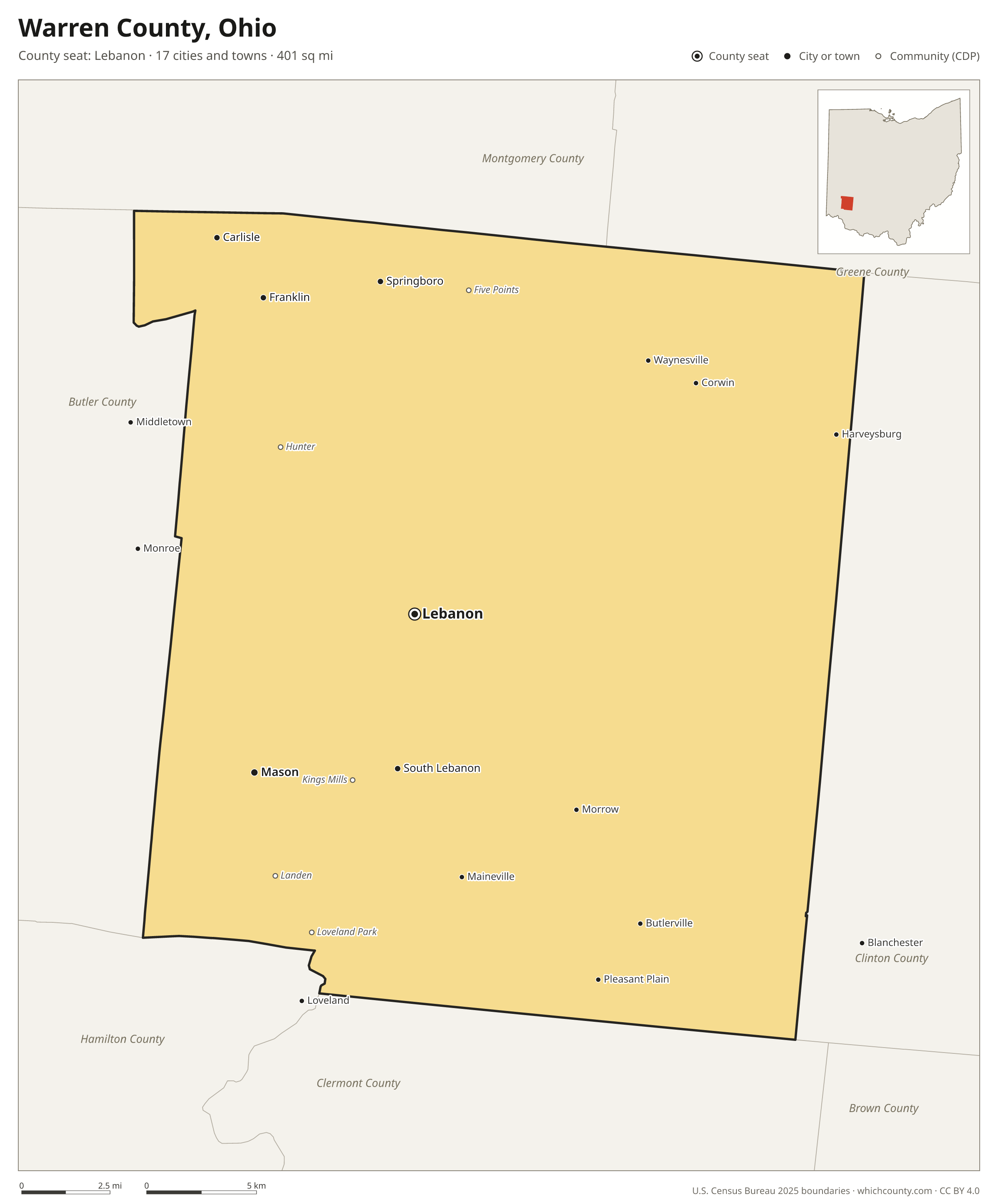 Map of Warren County, Ohio with cities, towns and the county boundary