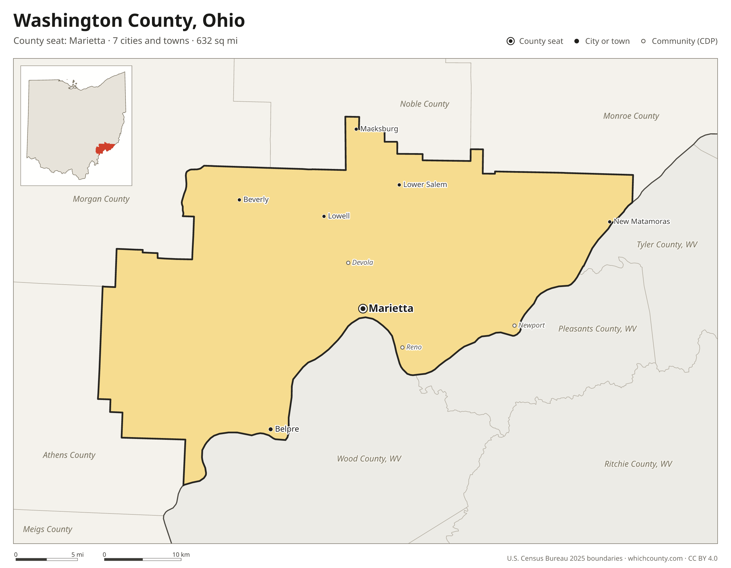 Map of Washington County, Ohio with cities, towns and the county boundary