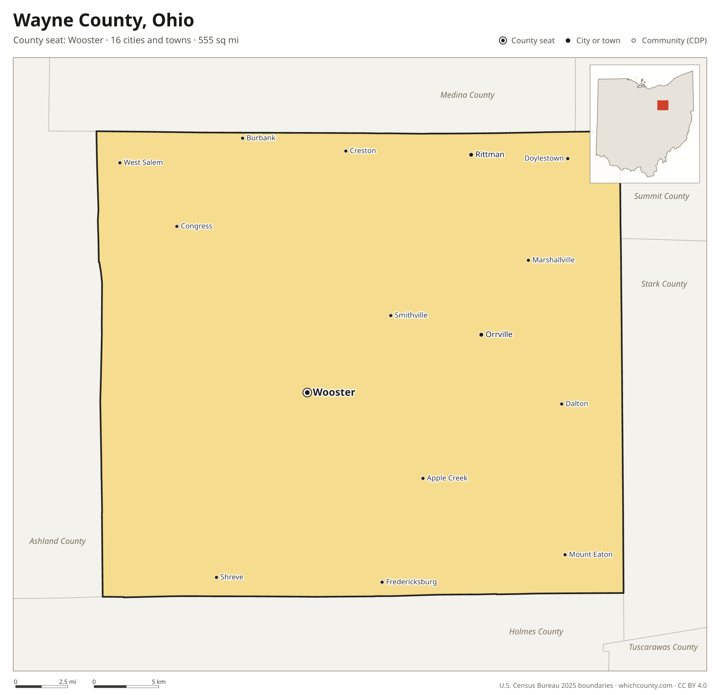 Map of Wayne County, Ohio with cities, towns and the county boundary