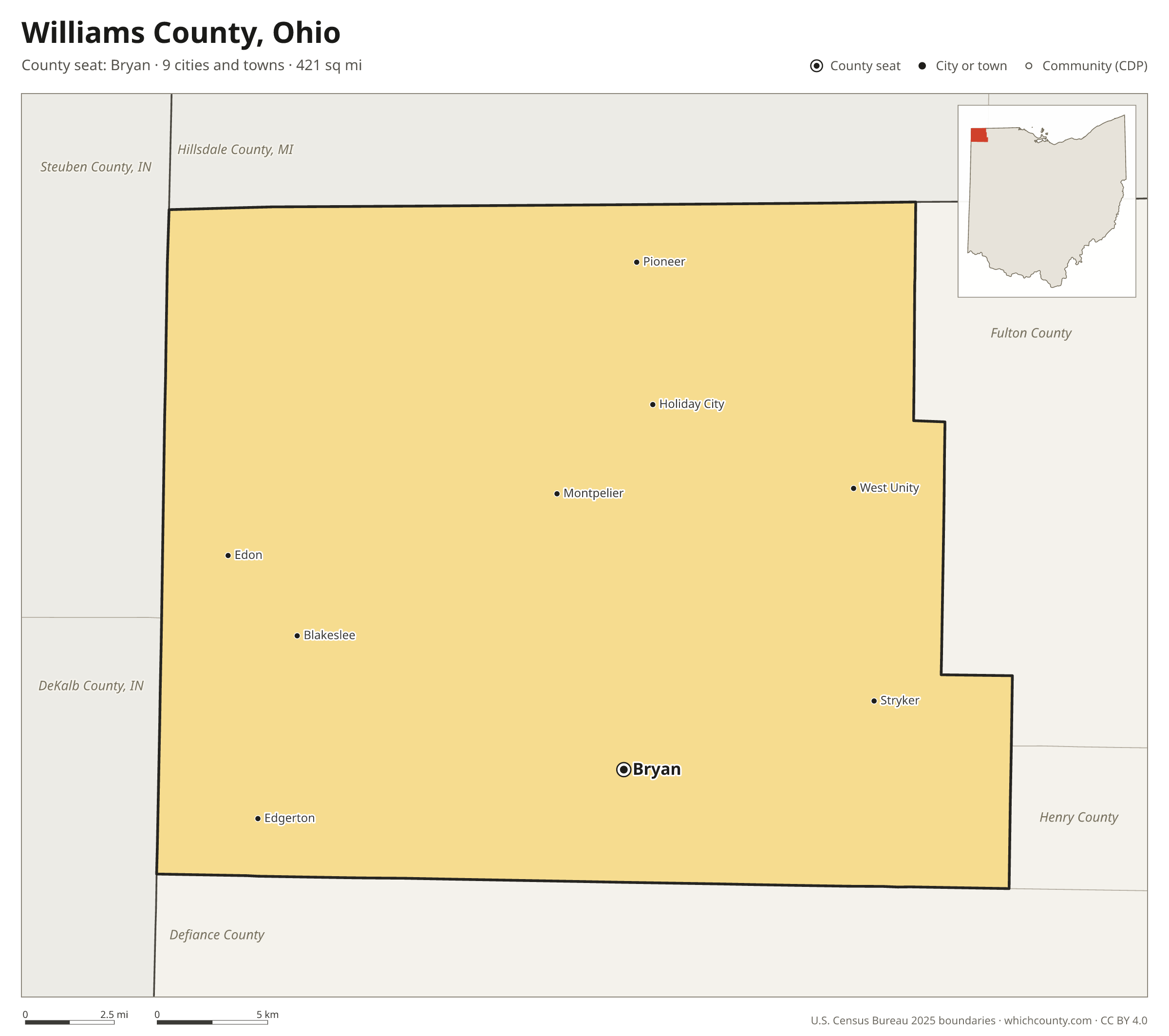 Map of Williams County, Ohio with cities, towns and the county boundary