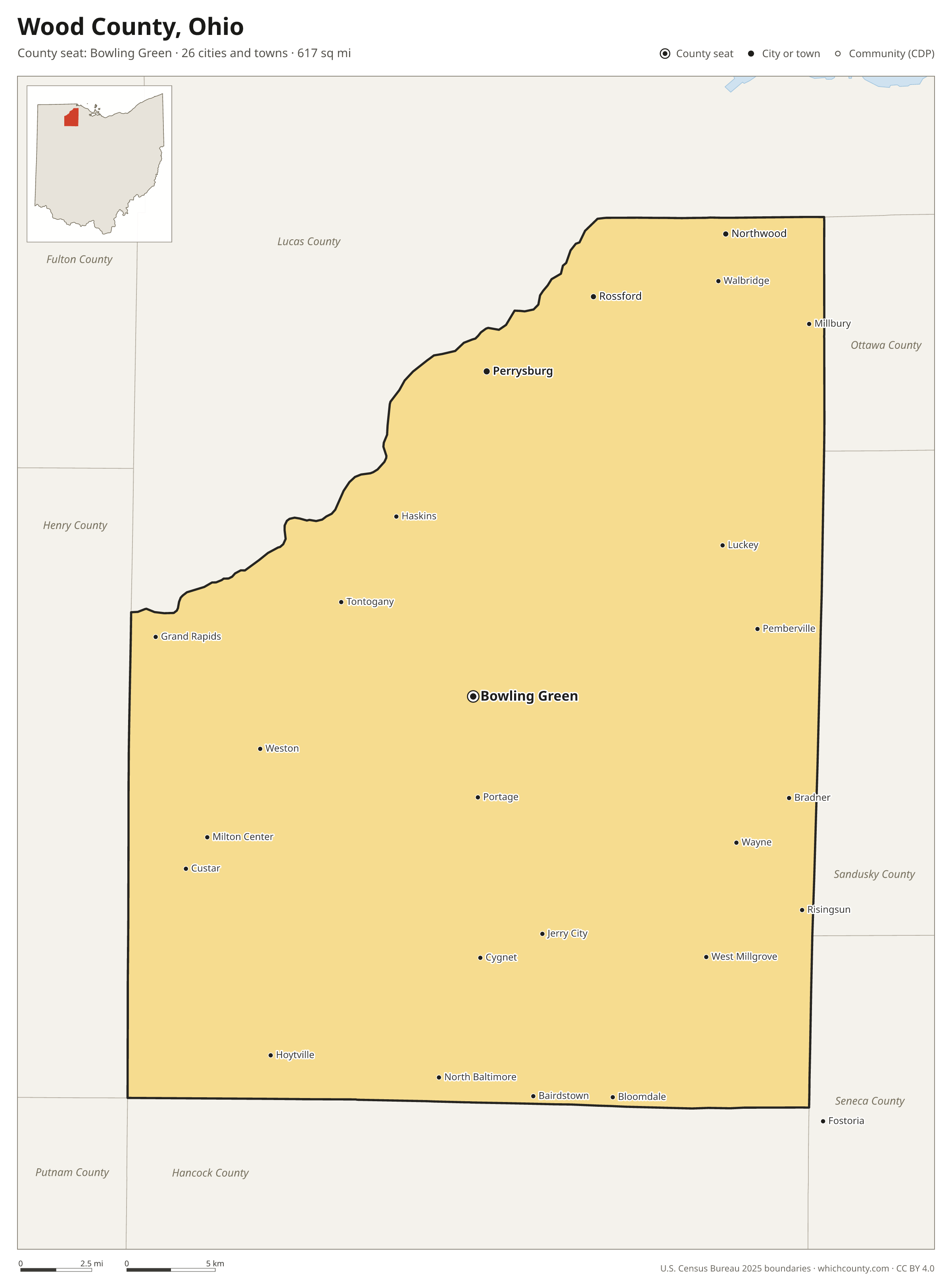 Map of Wood County, Ohio with cities, towns and the county boundary