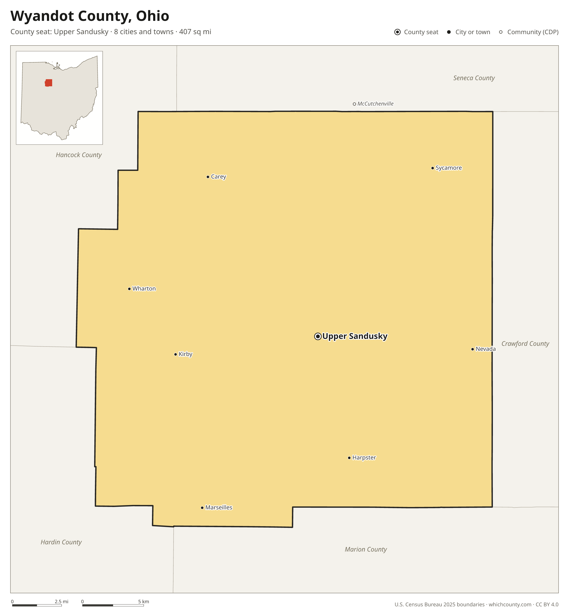 Map of Wyandot County, Ohio with cities, towns and the county boundary