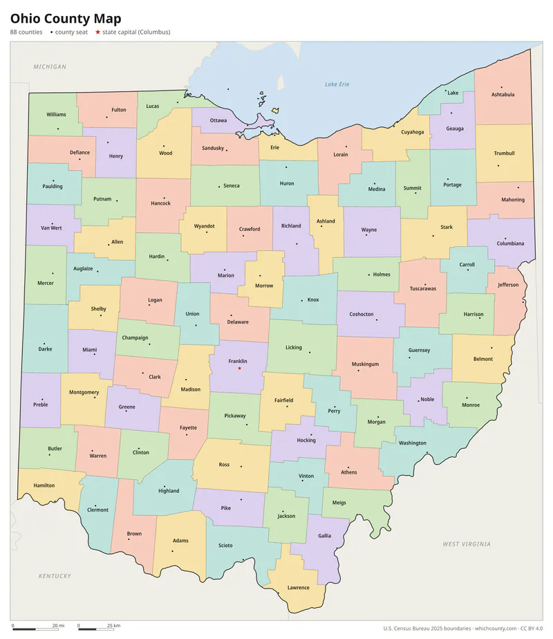 Ohio county map with all 88 counties labeled