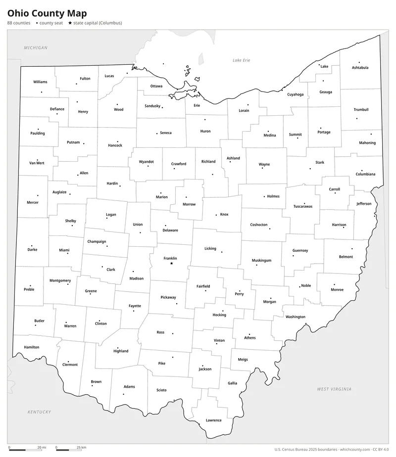 Black and white Ohio county map