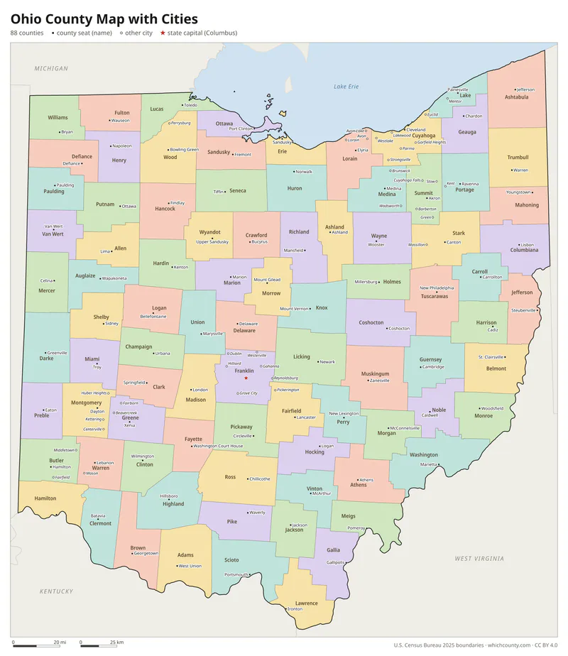 Ohio county map with cities and county seats
