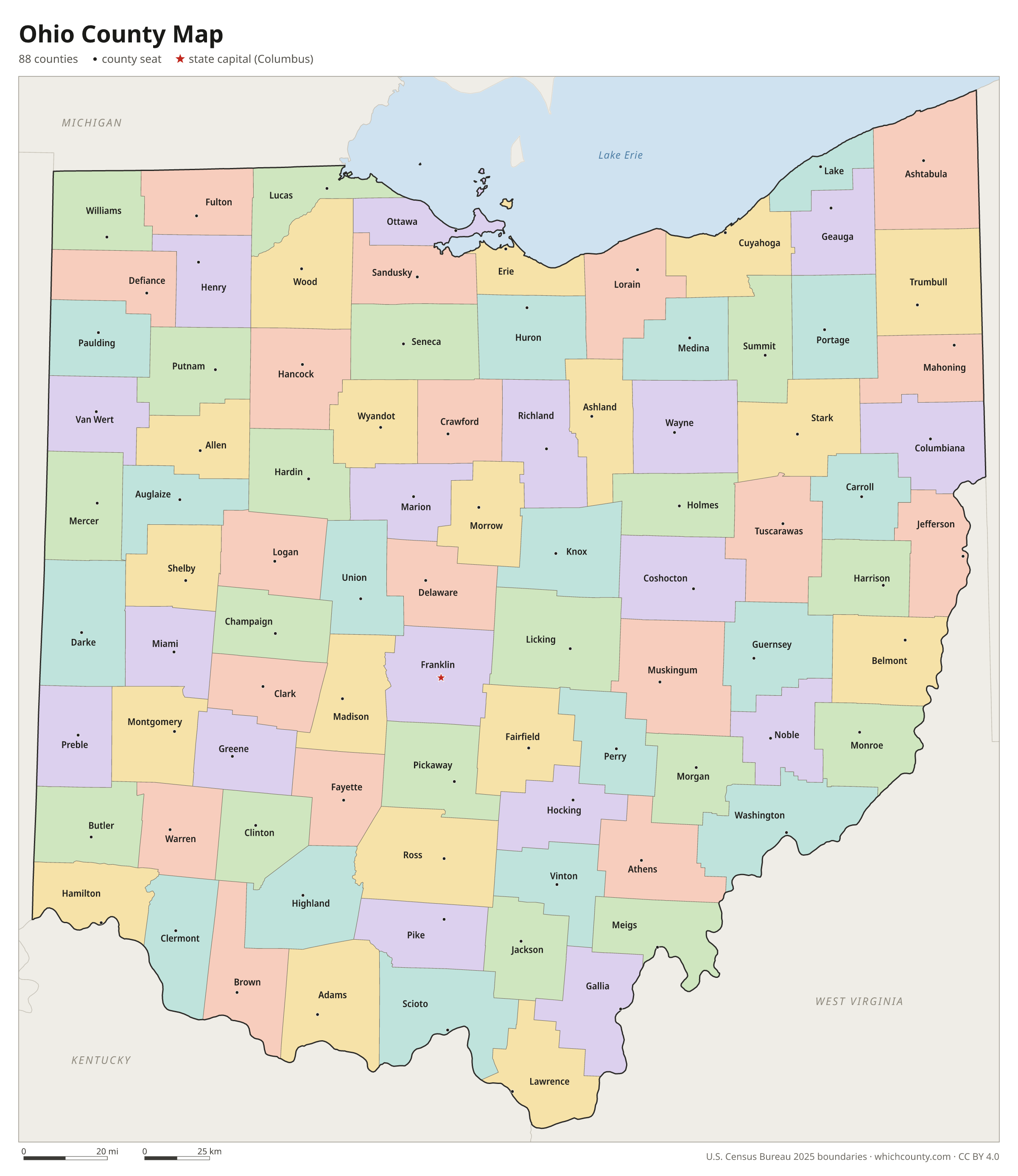 Ohio county map showing all 88 counties with county names and county seats