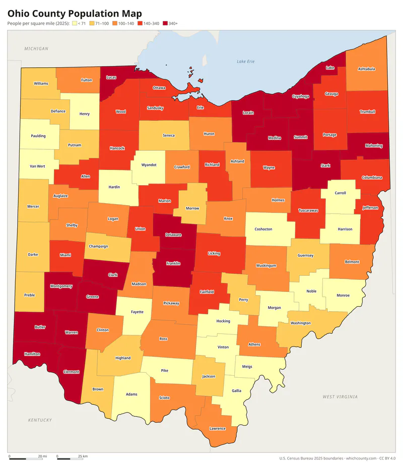 Map of Ohio counties shaded by population density