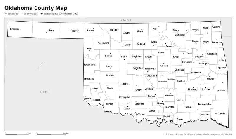 Black and white Oklahoma county map
