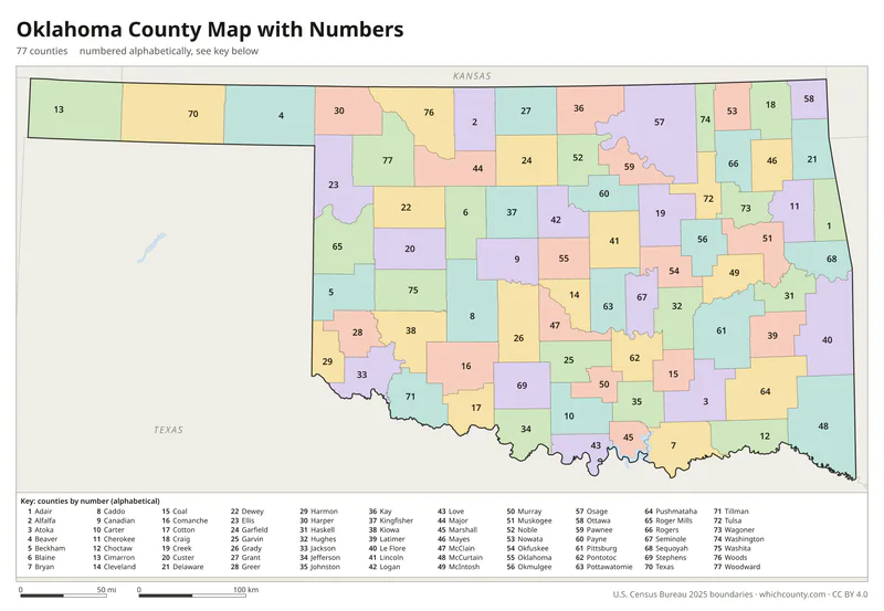 Oklahoma county map with numbers